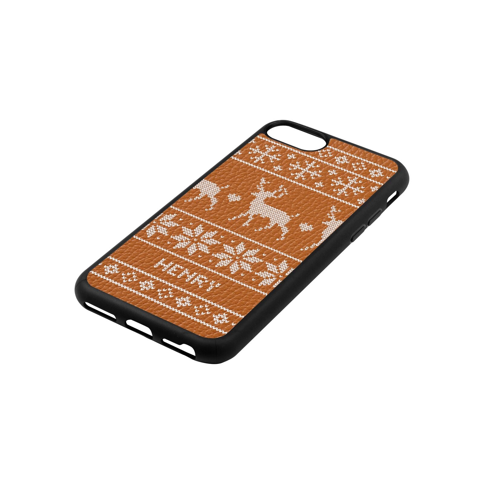 Personalised Christmas Jumper Tan Pebble Leather iPhone 8 Case Side Angle