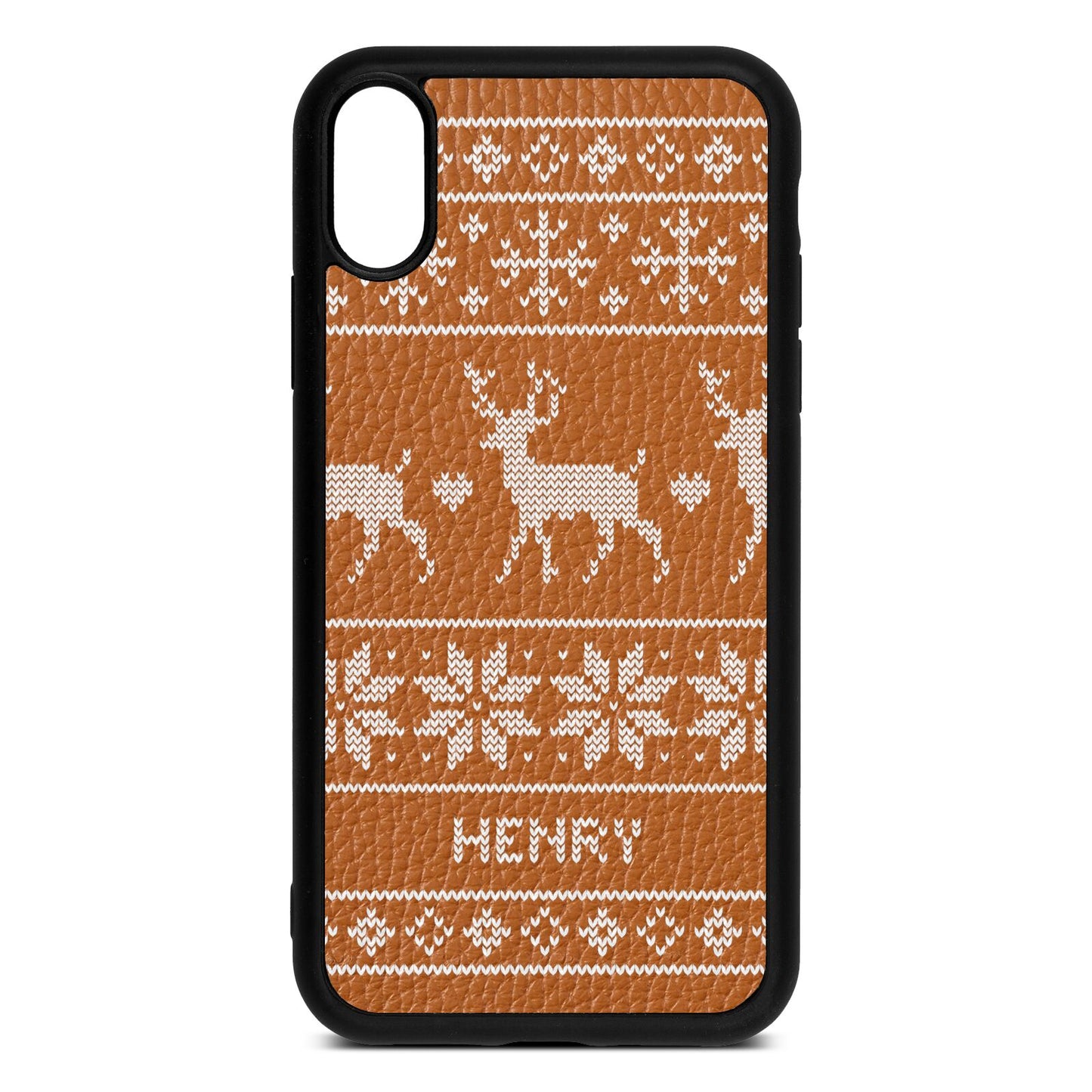 Personalised Christmas Jumper Tan Pebble Leather iPhone Xr Case