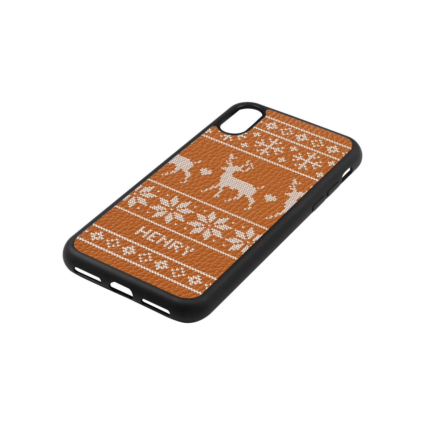 Personalised Christmas Jumper Tan Pebble Leather iPhone Xs Case Side Angle