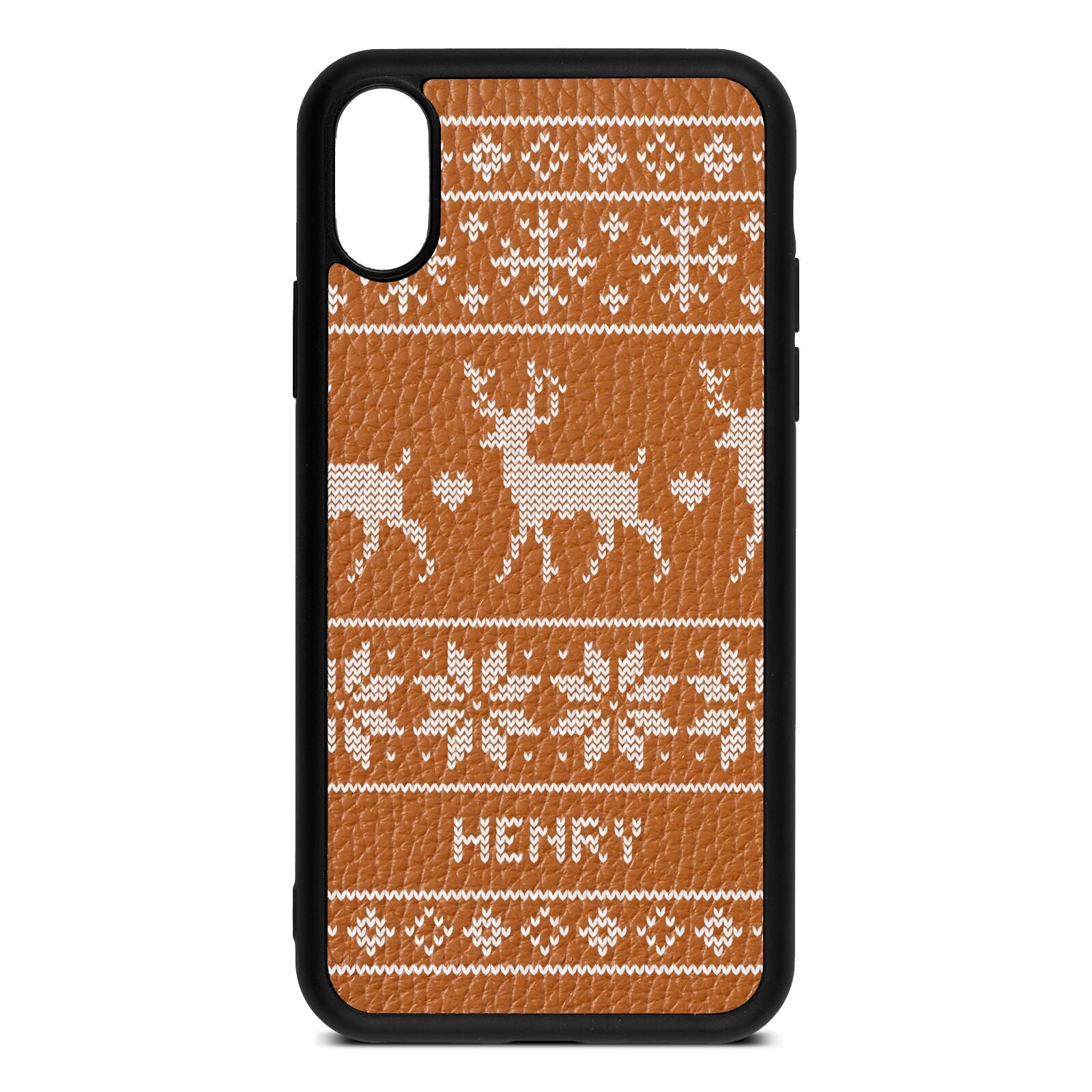 Personalised Christmas Jumper Tan Pebble Leather iPhone Xs Case