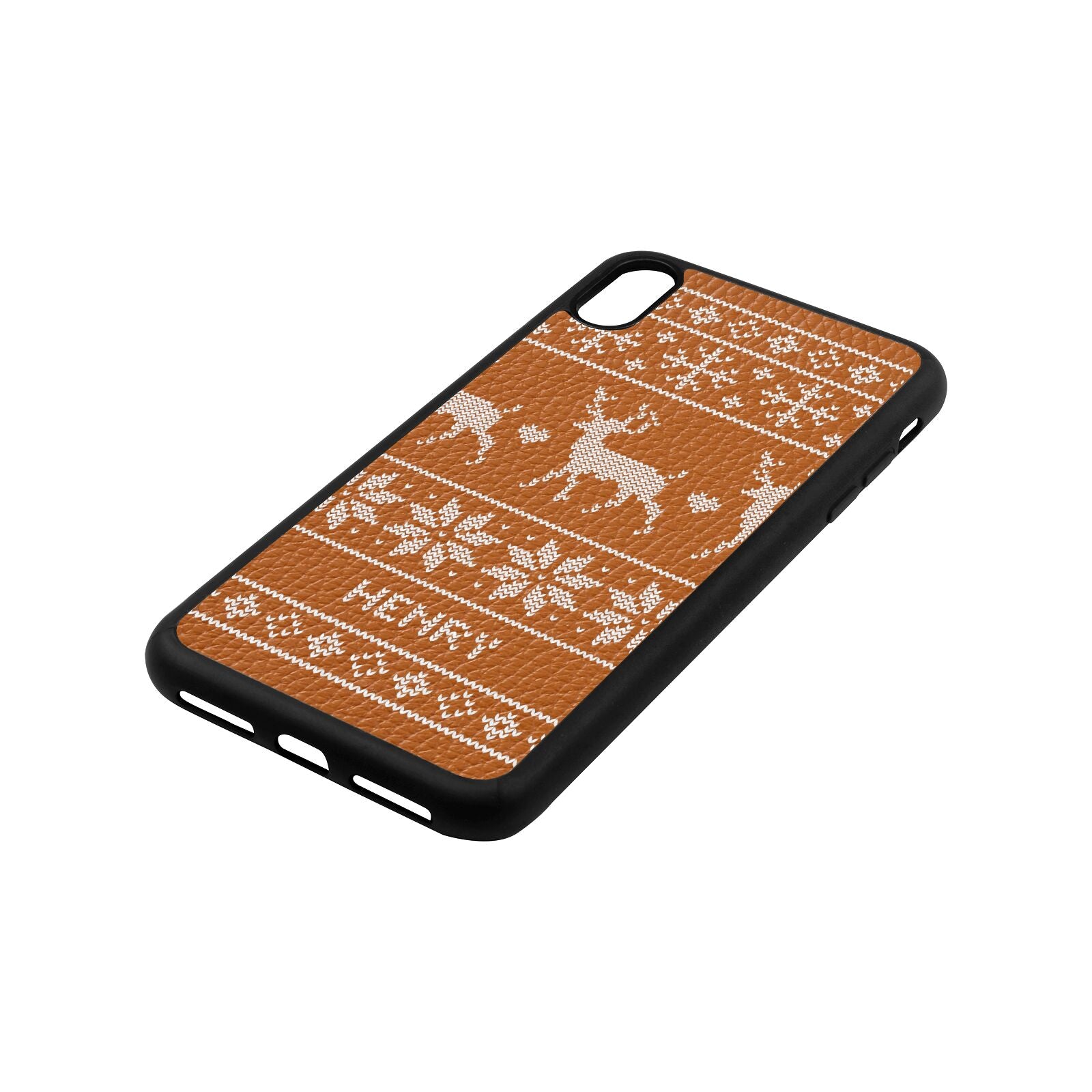 Personalised Christmas Jumper Tan Pebble Leather iPhone Xs Max Case Side Angle