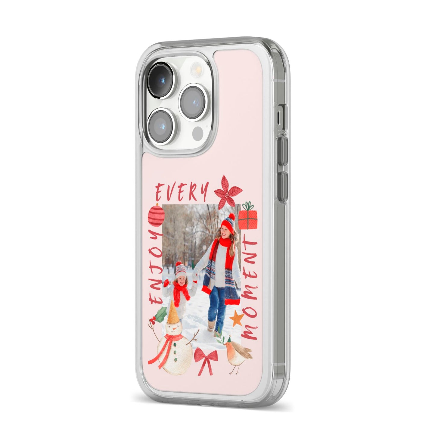 Personalised Christmas Moments iPhone 14 Pro Clear Tough Case Silver Angled Image