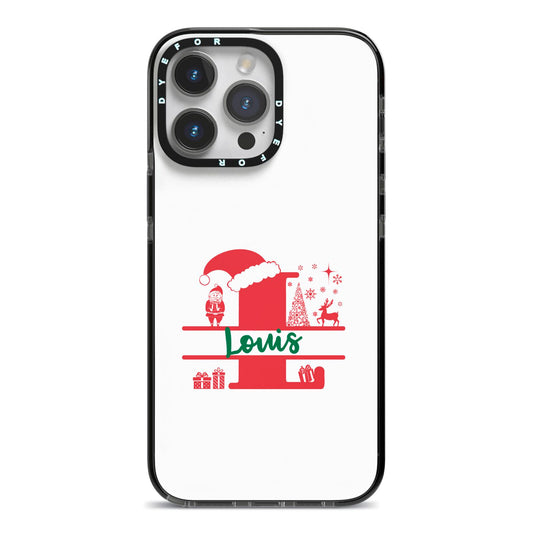Personalised Christmas Monogram iPhone 14 Pro Max Black Impact Case on Silver phone
