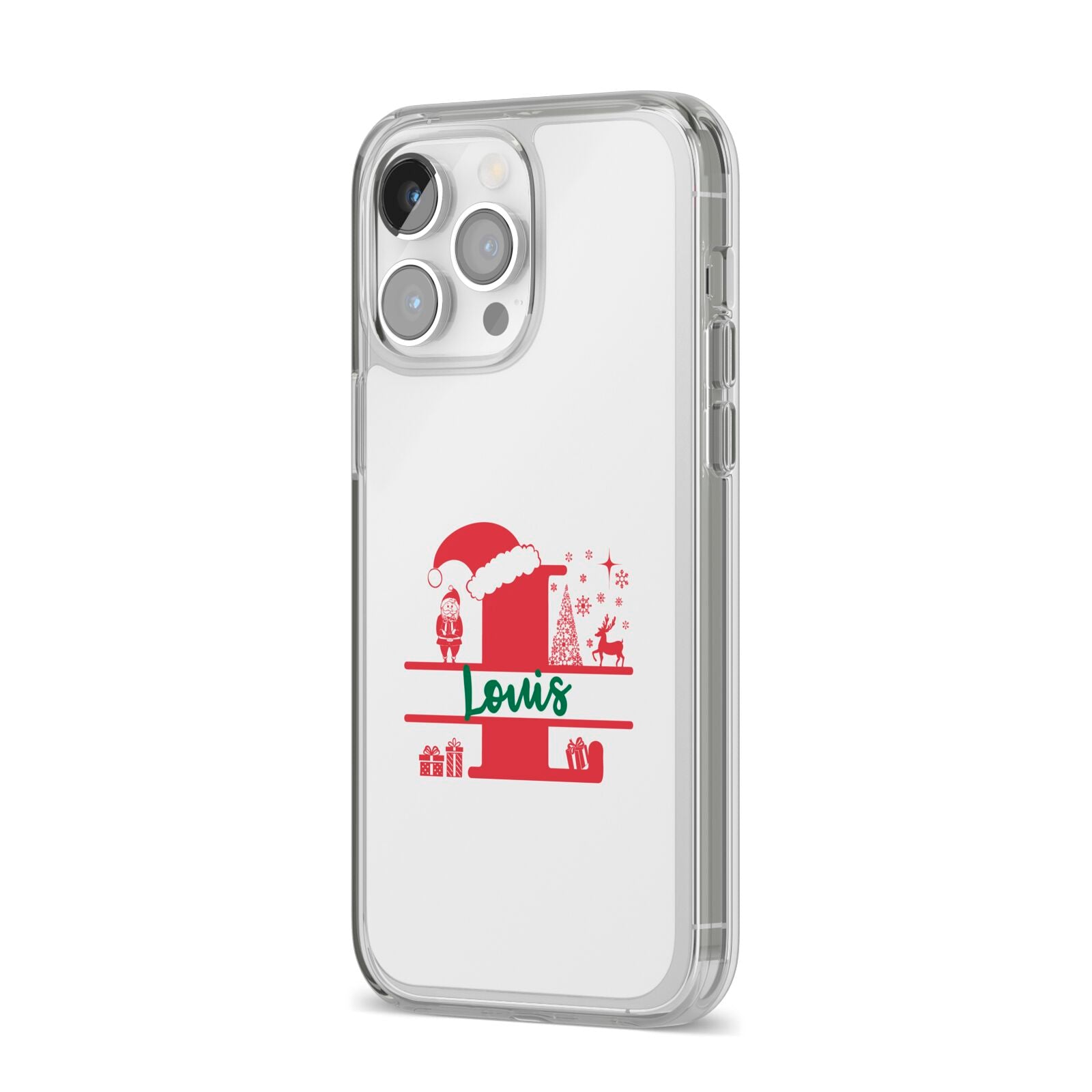 Personalised Christmas Monogram iPhone 14 Pro Max Clear Tough Case Silver Angled Image