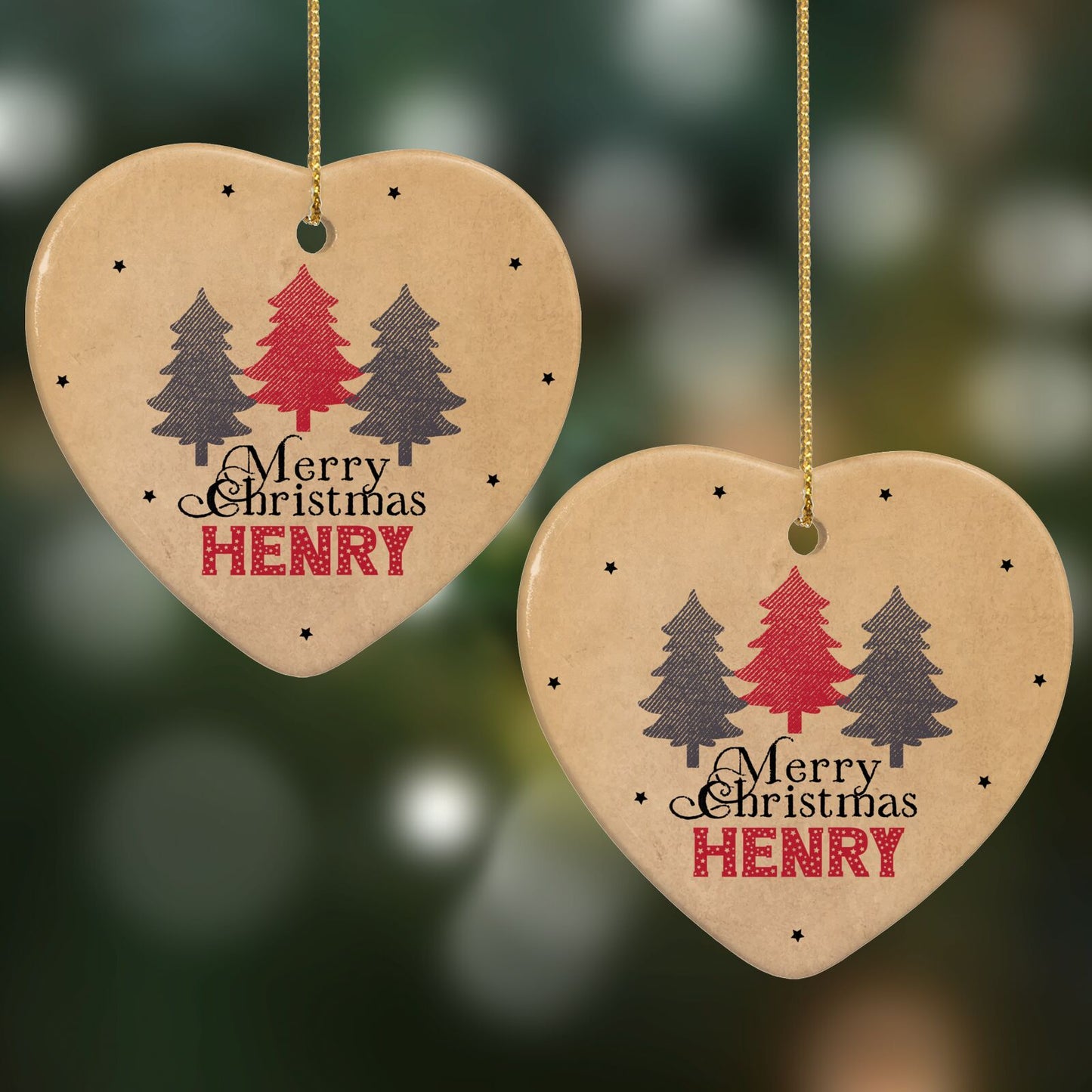 Personalised Christmas Tree Heart Decoration on Christmas Background