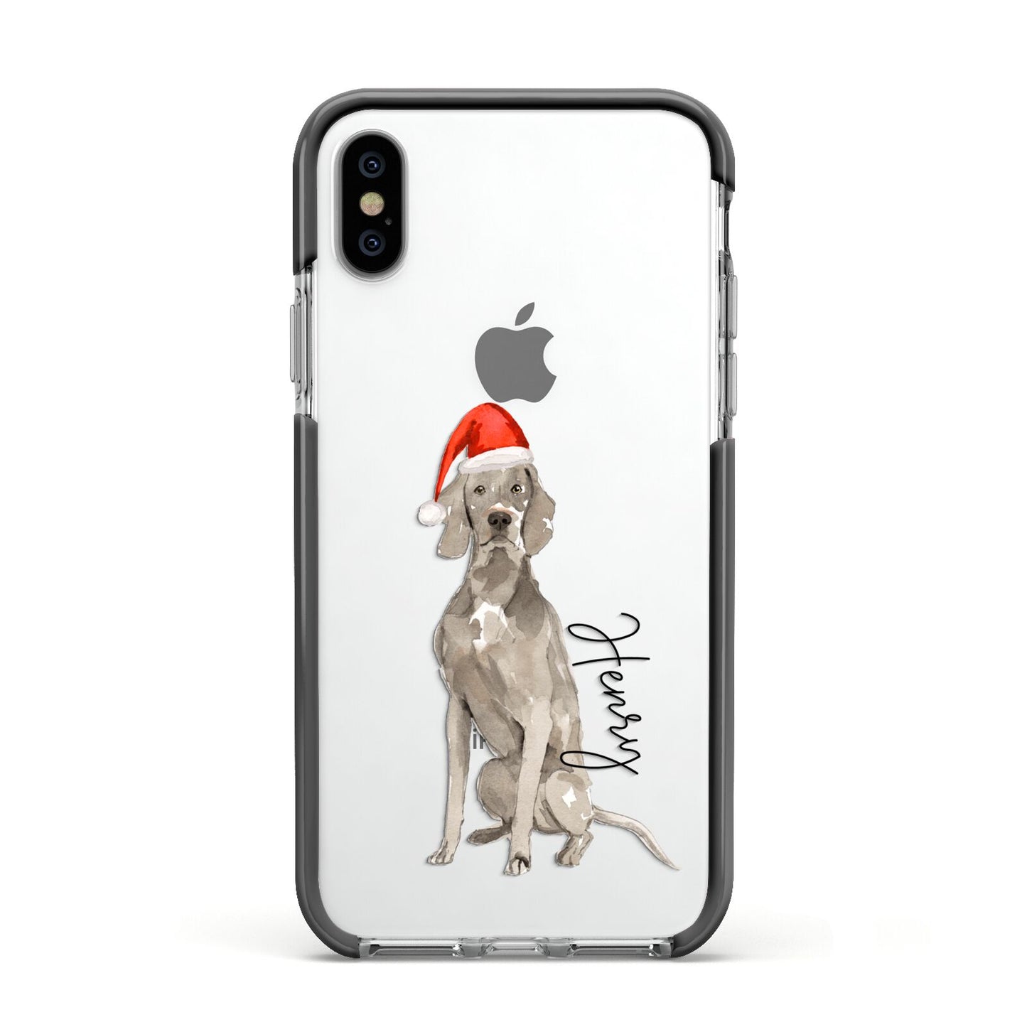 Personalised Christmas Weimaraner Apple iPhone Xs Impact Case Black Edge on Silver Phone