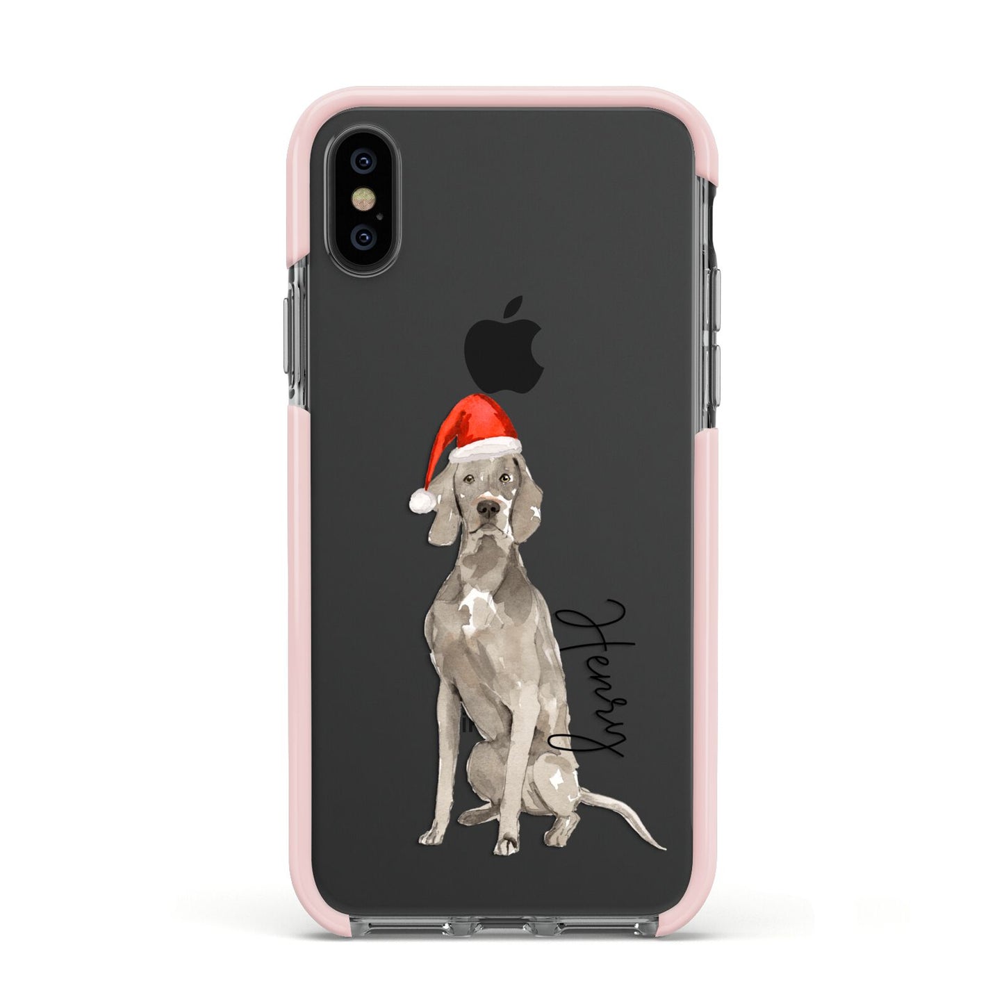 Personalised Christmas Weimaraner Apple iPhone Xs Impact Case Pink Edge on Black Phone