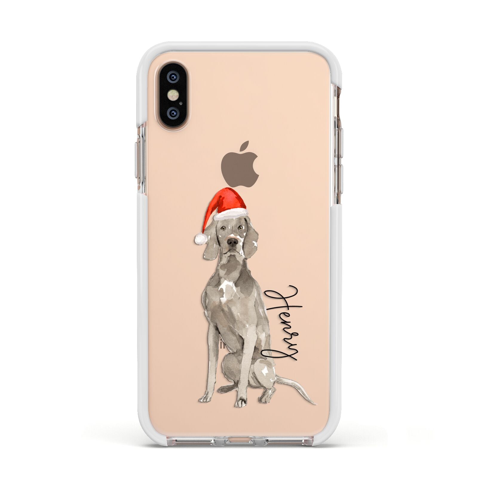 Personalised Christmas Weimaraner Apple iPhone Xs Impact Case White Edge on Gold Phone