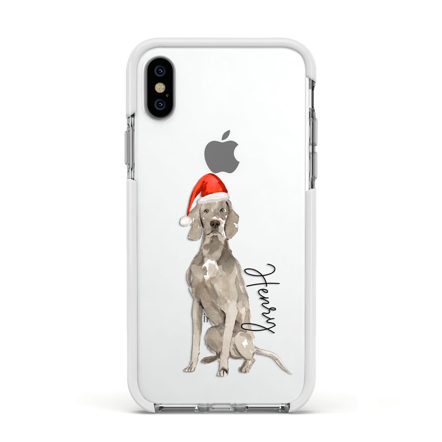 Personalised Christmas Weimaraner Apple iPhone Xs Impact Case White Edge on Silver Phone