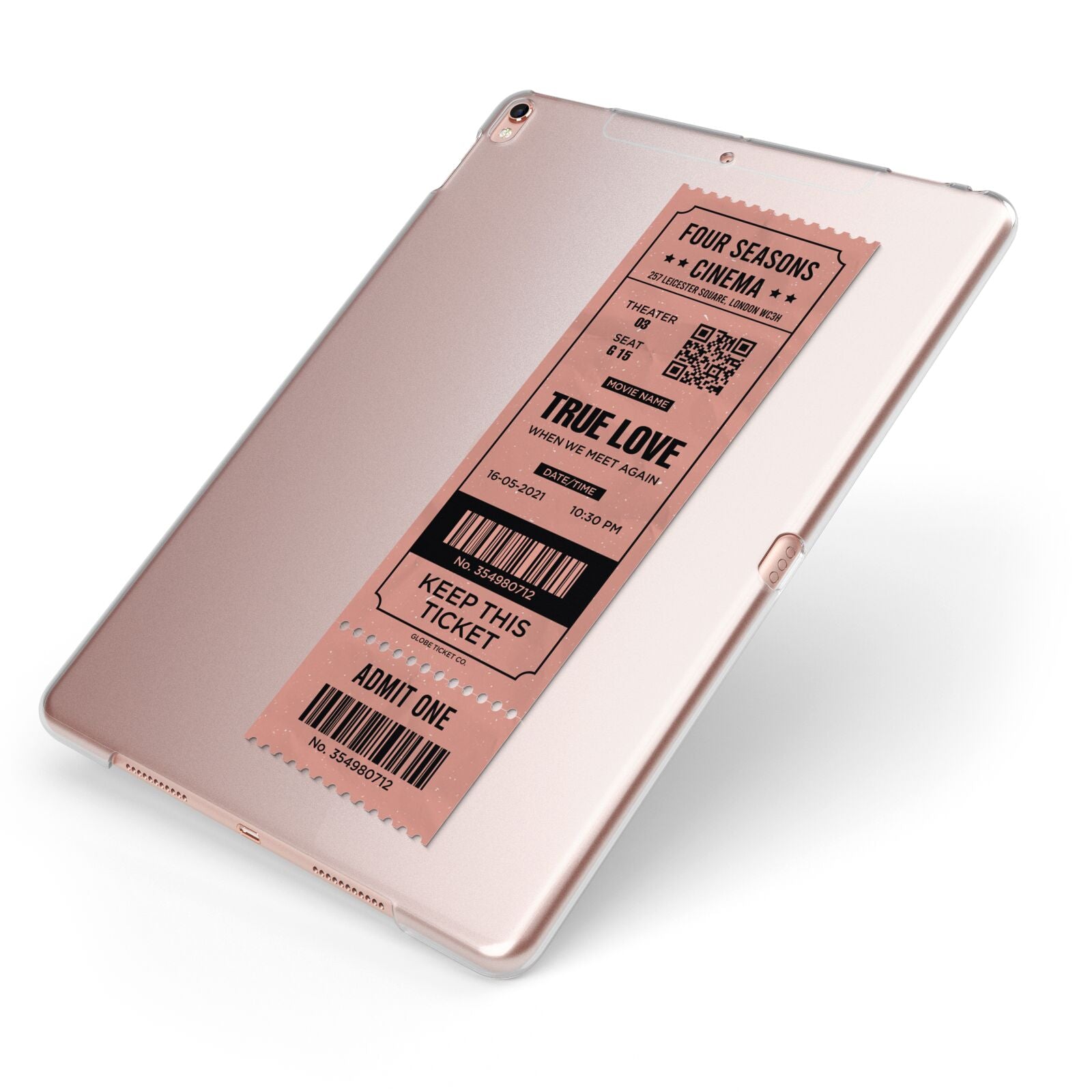 Personalised Cinema Ticket Apple iPad Case on Rose Gold iPad Side View