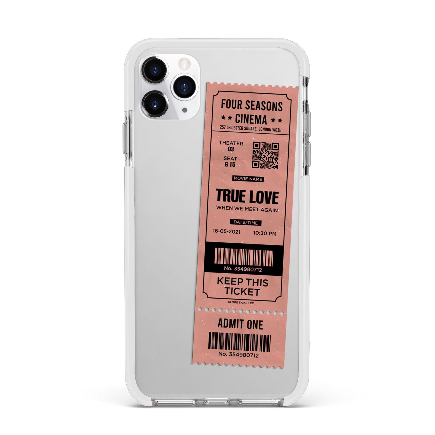 Personalised Cinema Ticket Apple iPhone 11 Pro Max in Silver with White Impact Case