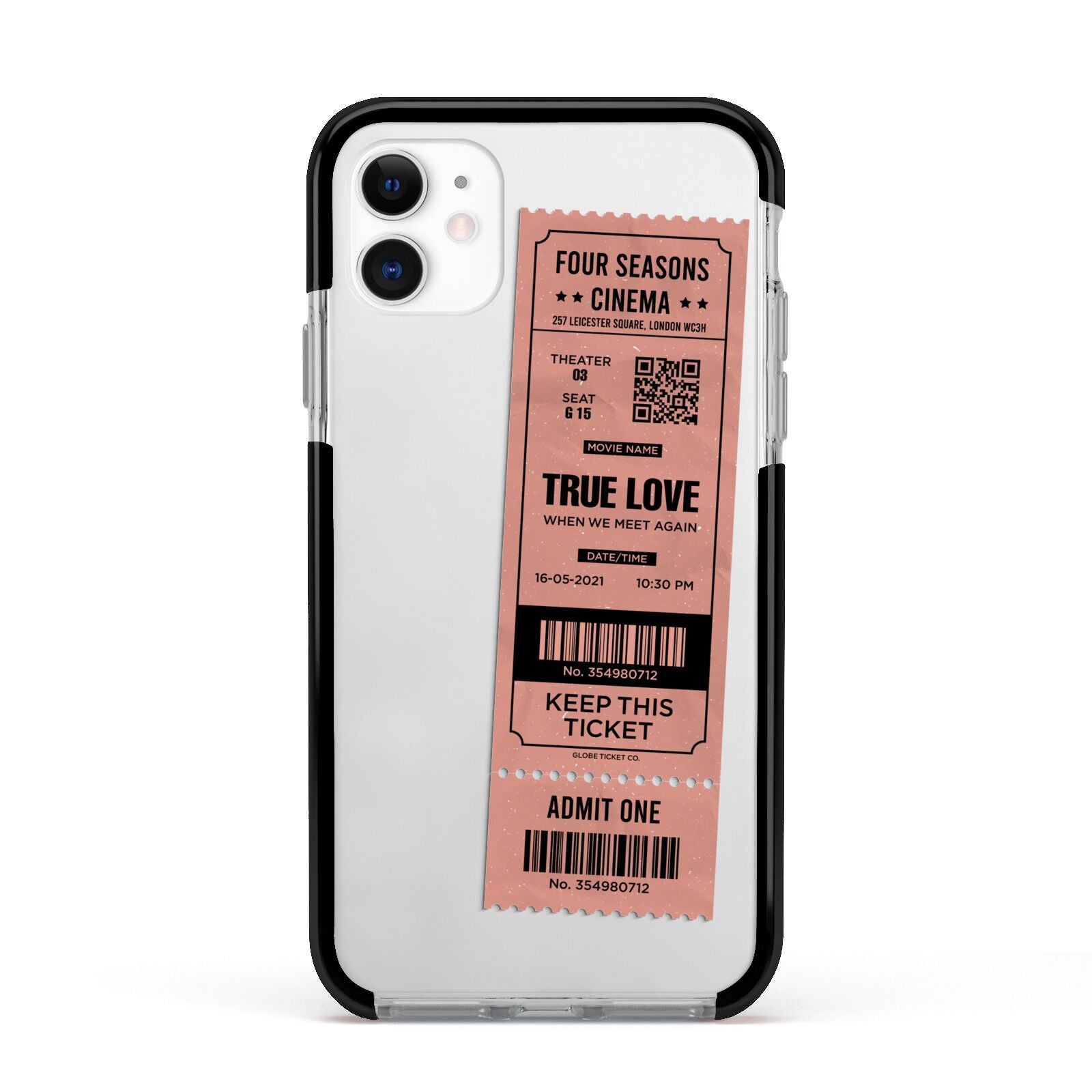 Personalised Cinema Ticket Apple iPhone 11 in White with Black Impact Case