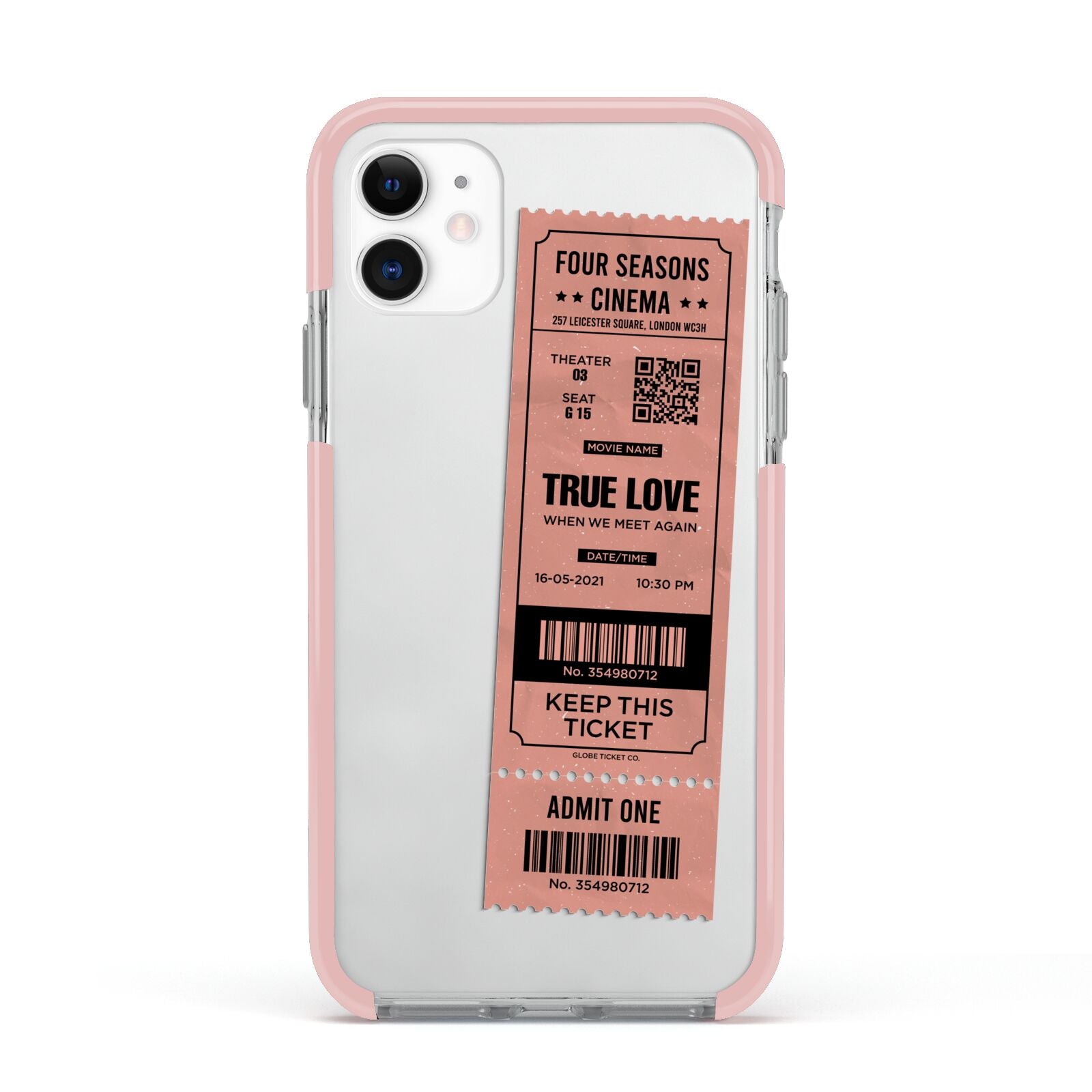 Personalised Cinema Ticket Apple iPhone 11 in White with Pink Impact Case