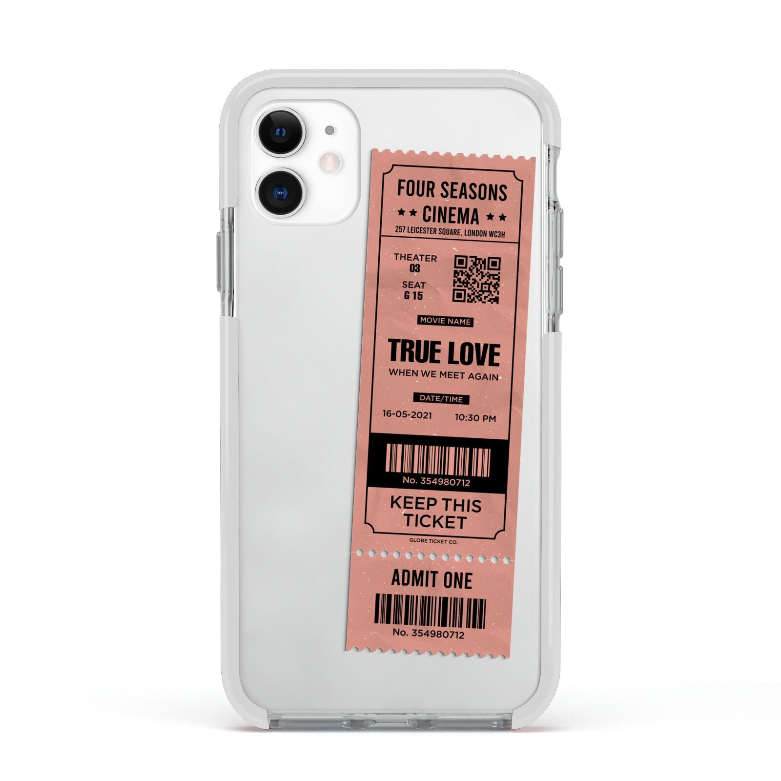 Personalised Cinema Ticket Apple iPhone 11 in White with White Impact Case