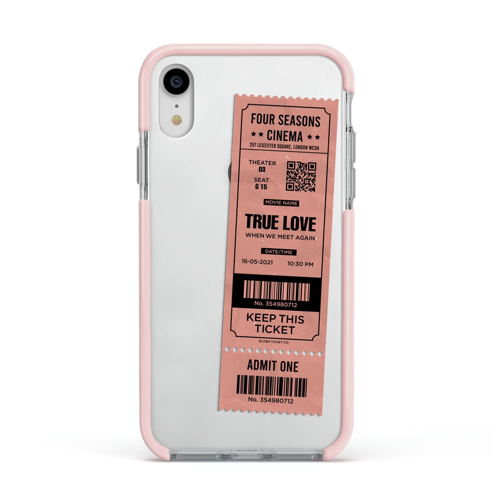 Personalised Cinema Ticket Apple iPhone XR Impact Case Pink Edge on Silver Phone