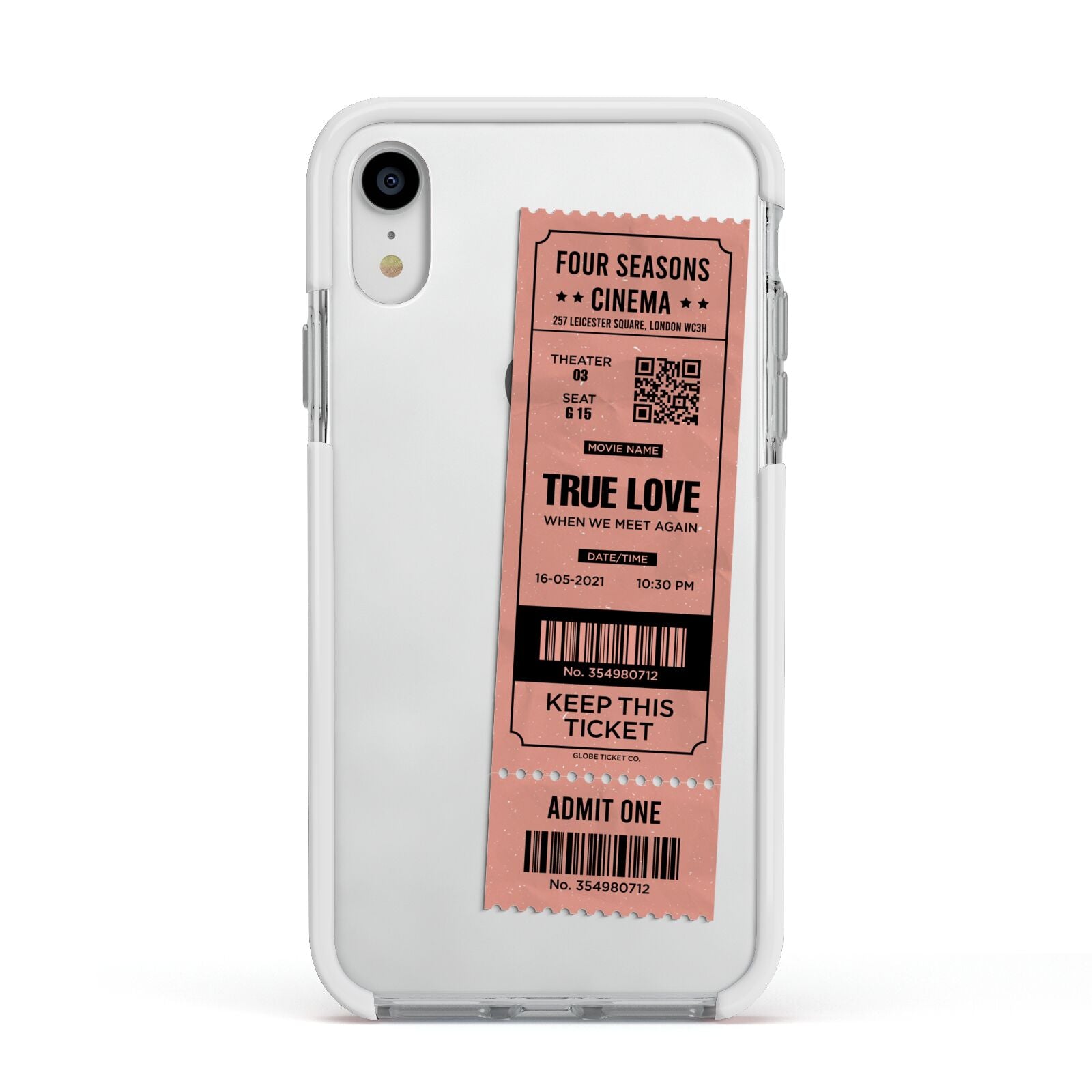 Personalised Cinema Ticket Apple iPhone XR Impact Case White Edge on Silver Phone