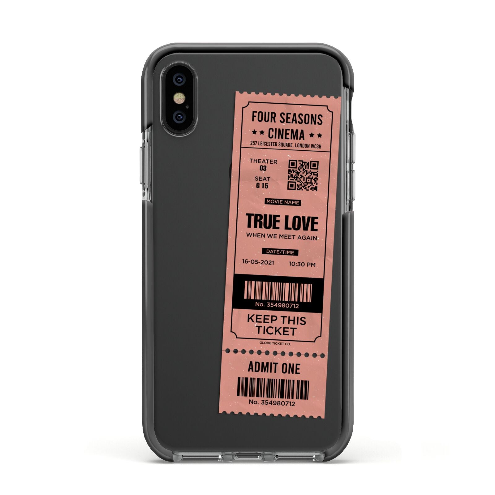 Personalised Cinema Ticket Apple iPhone Xs Impact Case Black Edge on Black Phone