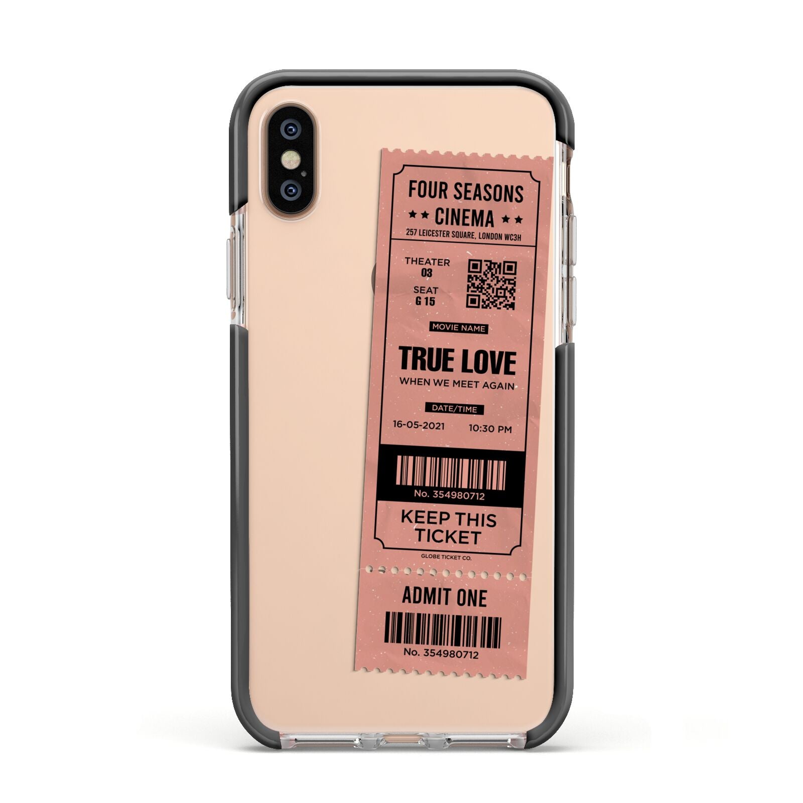 Personalised Cinema Ticket Apple iPhone Xs Impact Case Black Edge on Gold Phone