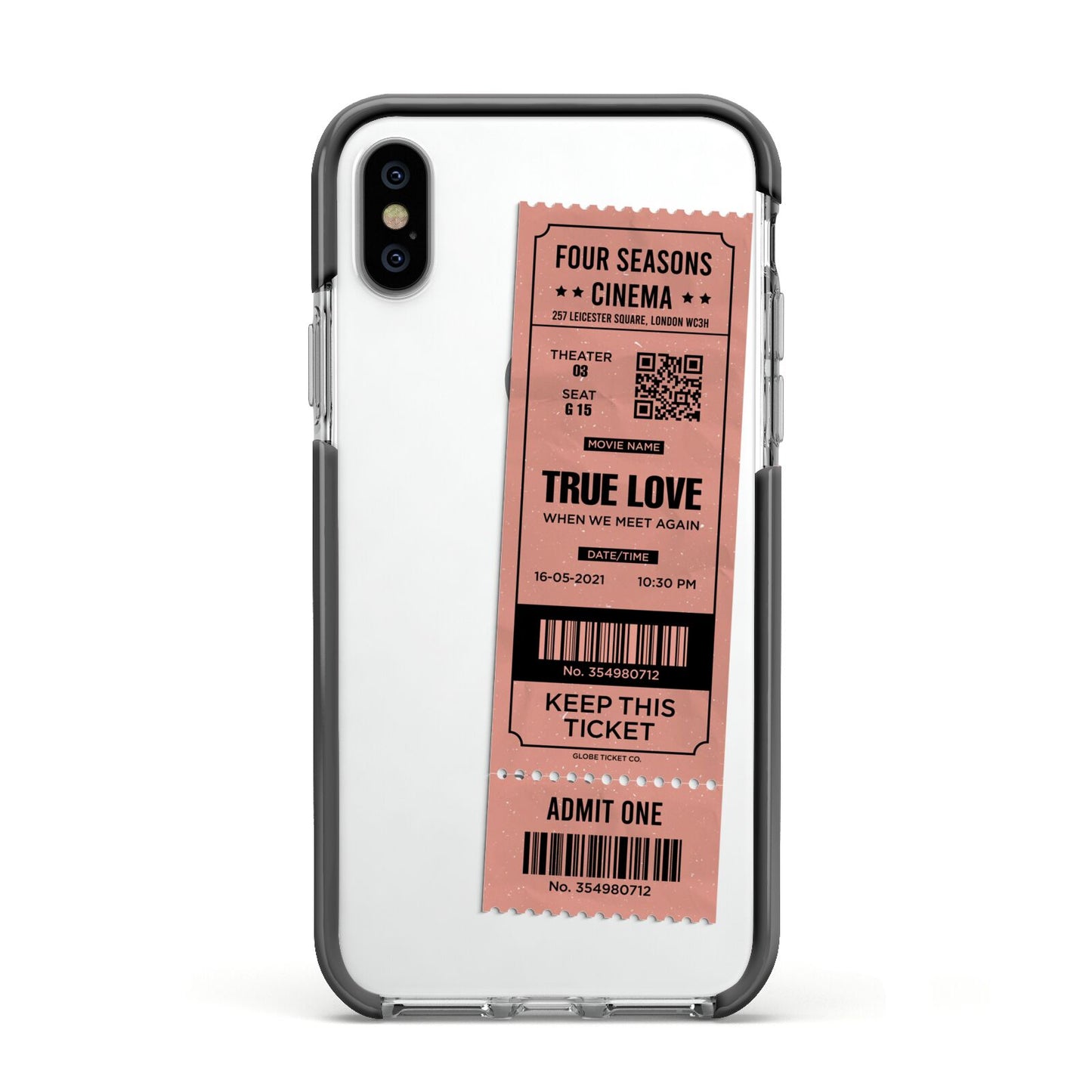 Personalised Cinema Ticket Apple iPhone Xs Impact Case Black Edge on Silver Phone