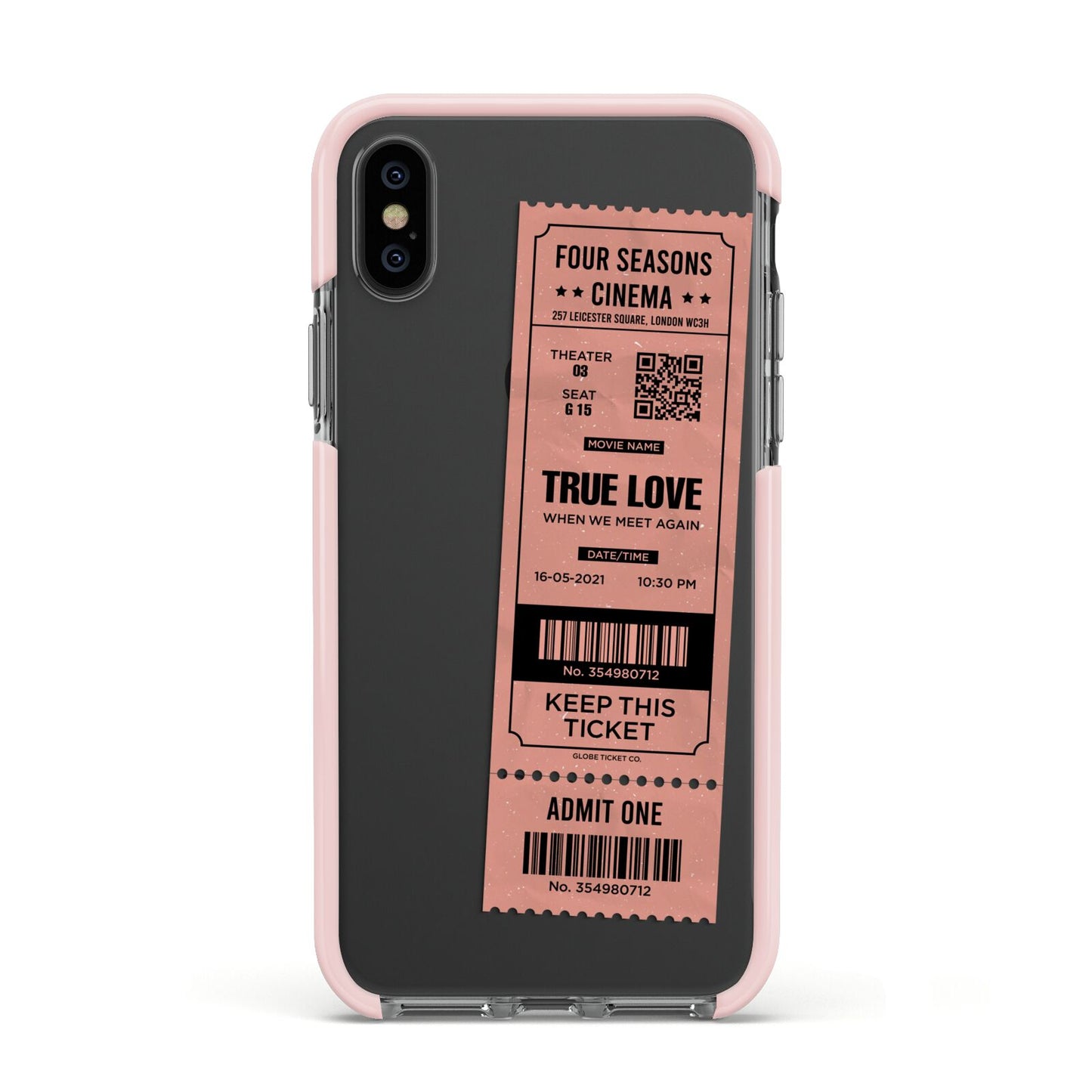 Personalised Cinema Ticket Apple iPhone Xs Impact Case Pink Edge on Black Phone