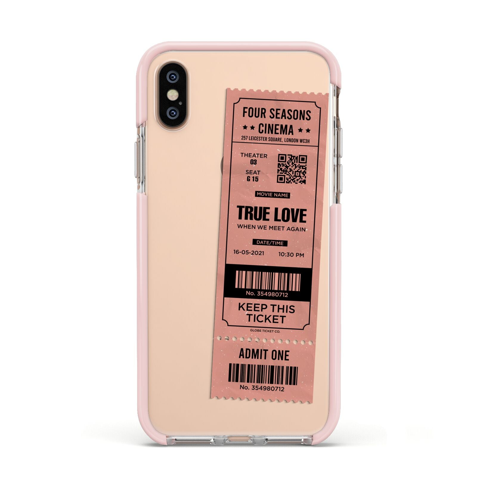 Personalised Cinema Ticket Apple iPhone Xs Impact Case Pink Edge on Gold Phone