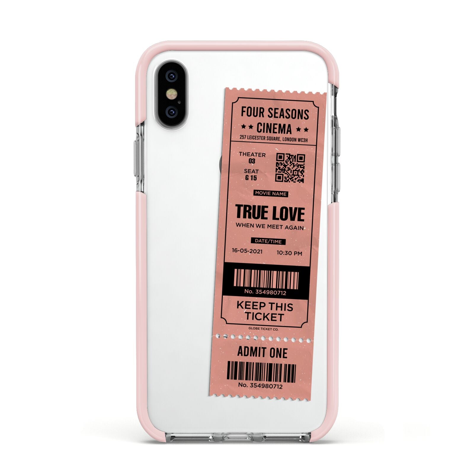 Personalised Cinema Ticket Apple iPhone Xs Impact Case Pink Edge on Silver Phone