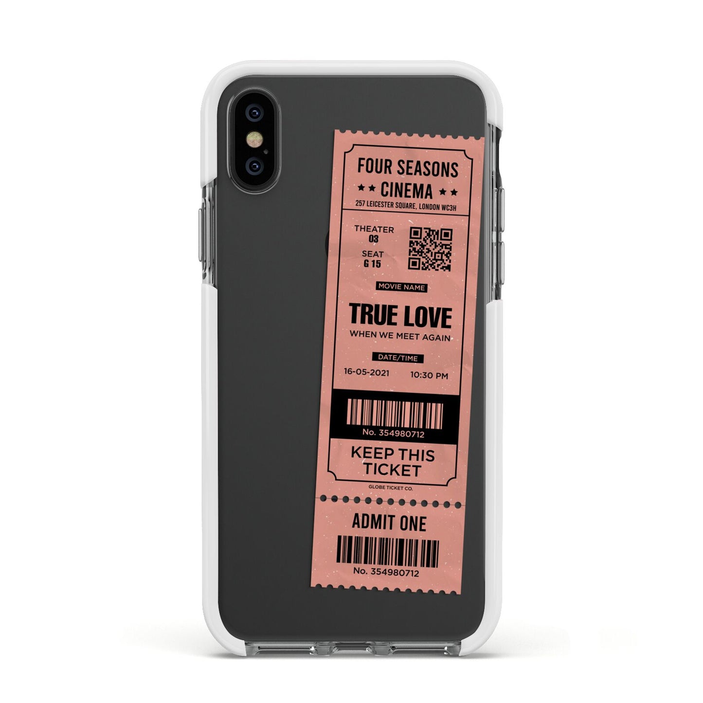 Personalised Cinema Ticket Apple iPhone Xs Impact Case White Edge on Black Phone