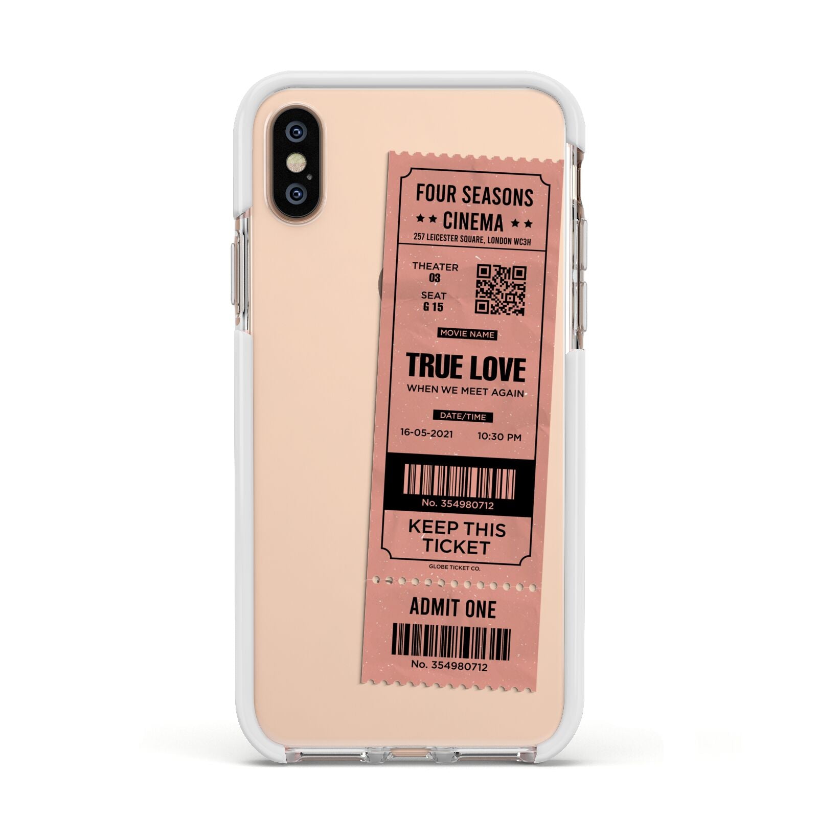 Personalised Cinema Ticket Apple iPhone Xs Impact Case White Edge on Gold Phone