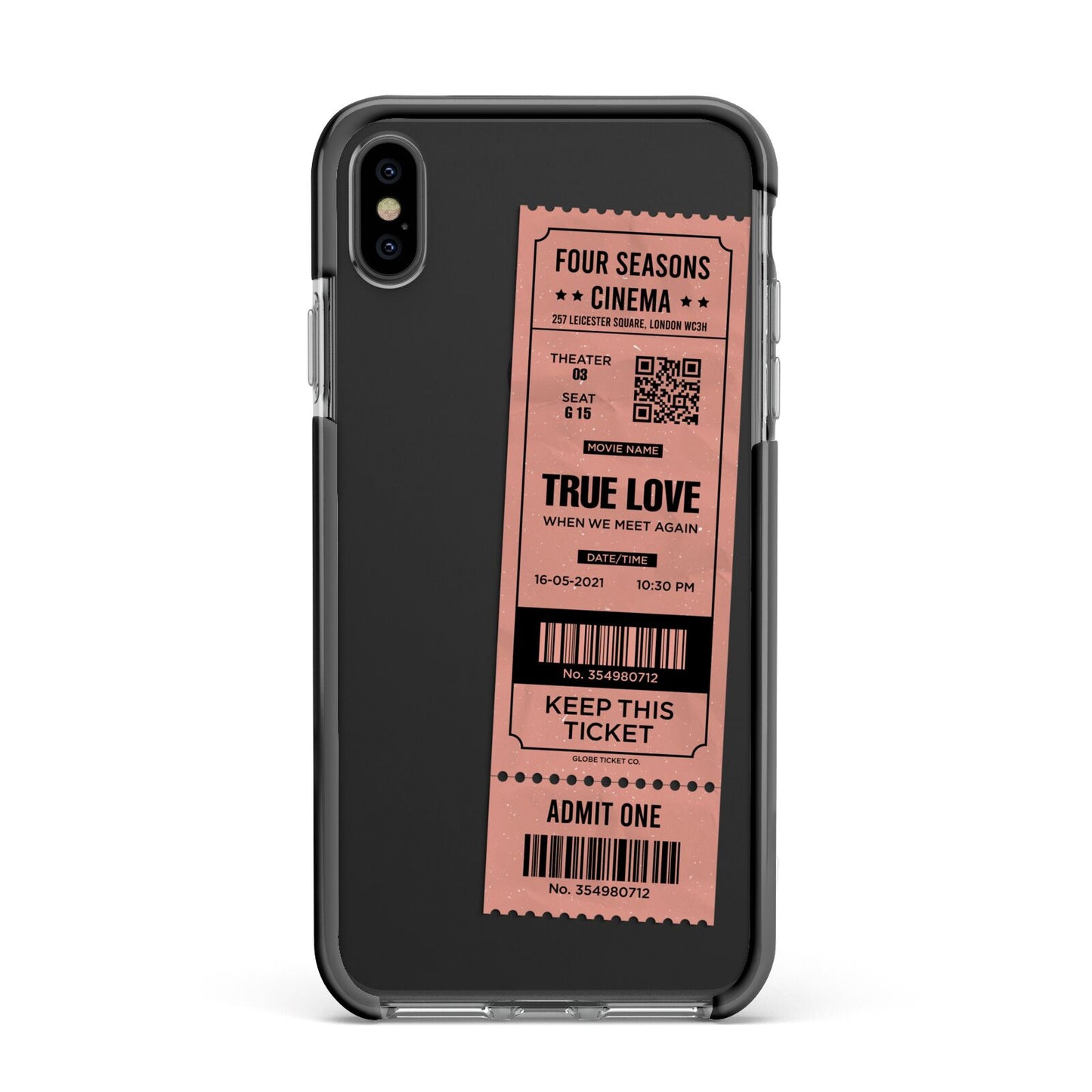 Personalised Cinema Ticket Apple iPhone Xs Max Impact Case Black Edge on Black Phone