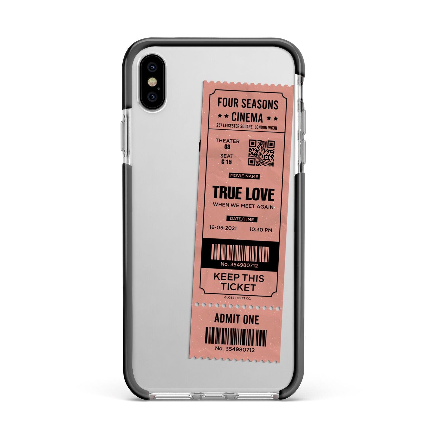 Personalised Cinema Ticket Apple iPhone Xs Max Impact Case Black Edge on Silver Phone