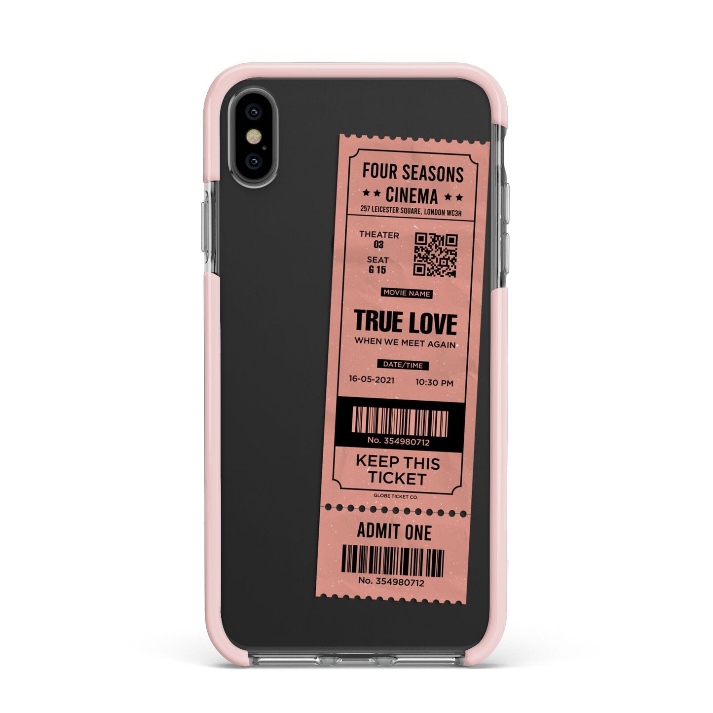 Personalised Cinema Ticket Apple iPhone Xs Max Impact Case Pink Edge on Black Phone