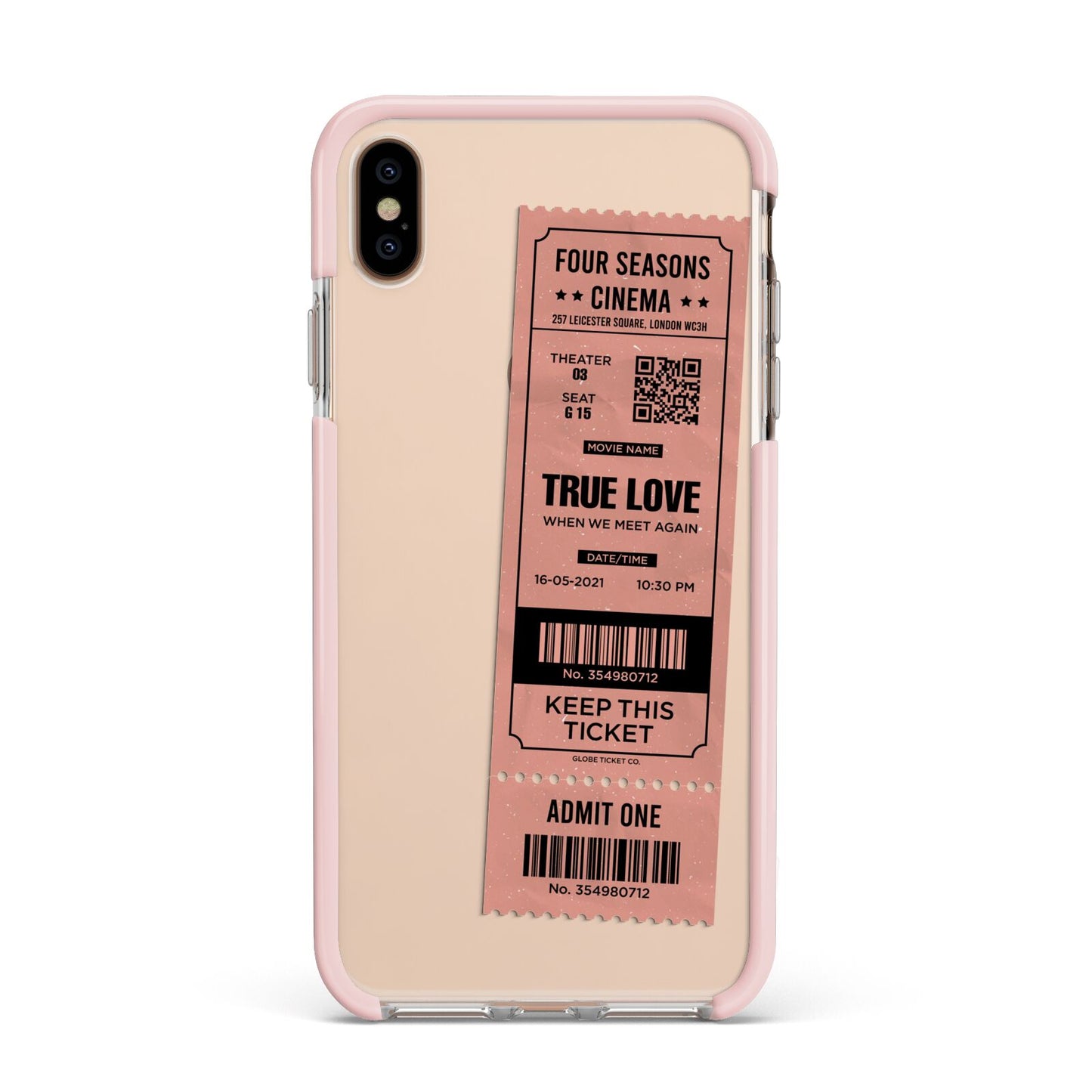 Personalised Cinema Ticket Apple iPhone Xs Max Impact Case Pink Edge on Gold Phone