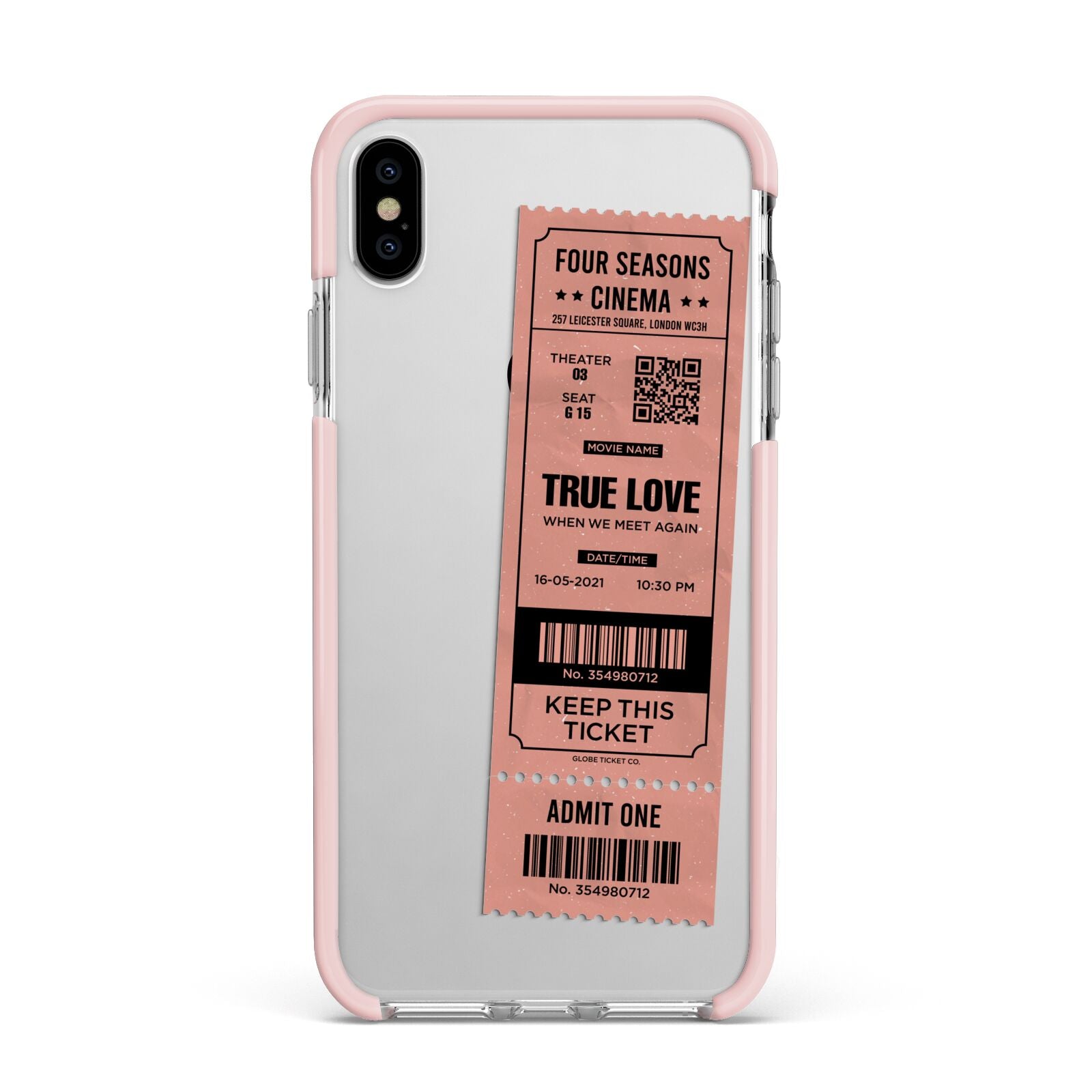 Personalised Cinema Ticket Apple iPhone Xs Max Impact Case Pink Edge on Silver Phone