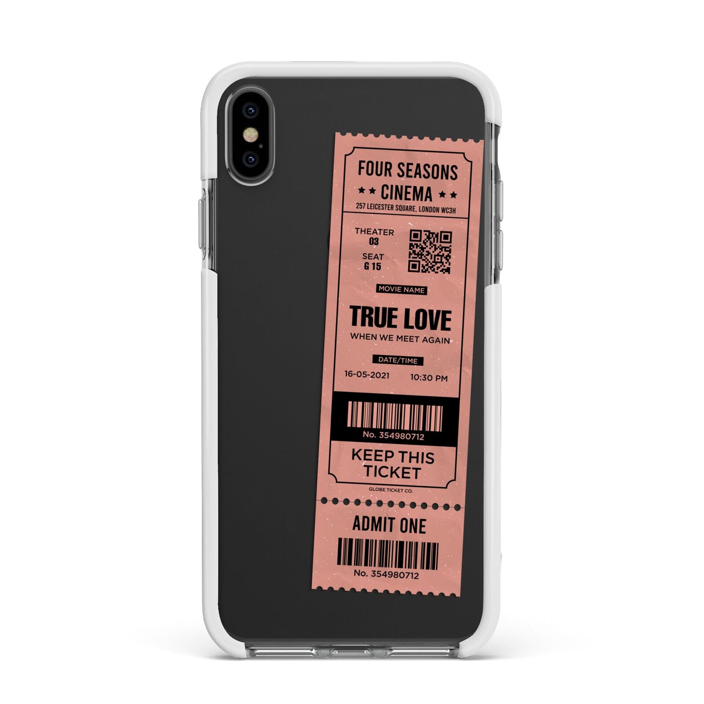 Personalised Cinema Ticket Apple iPhone Xs Max Impact Case White Edge on Black Phone