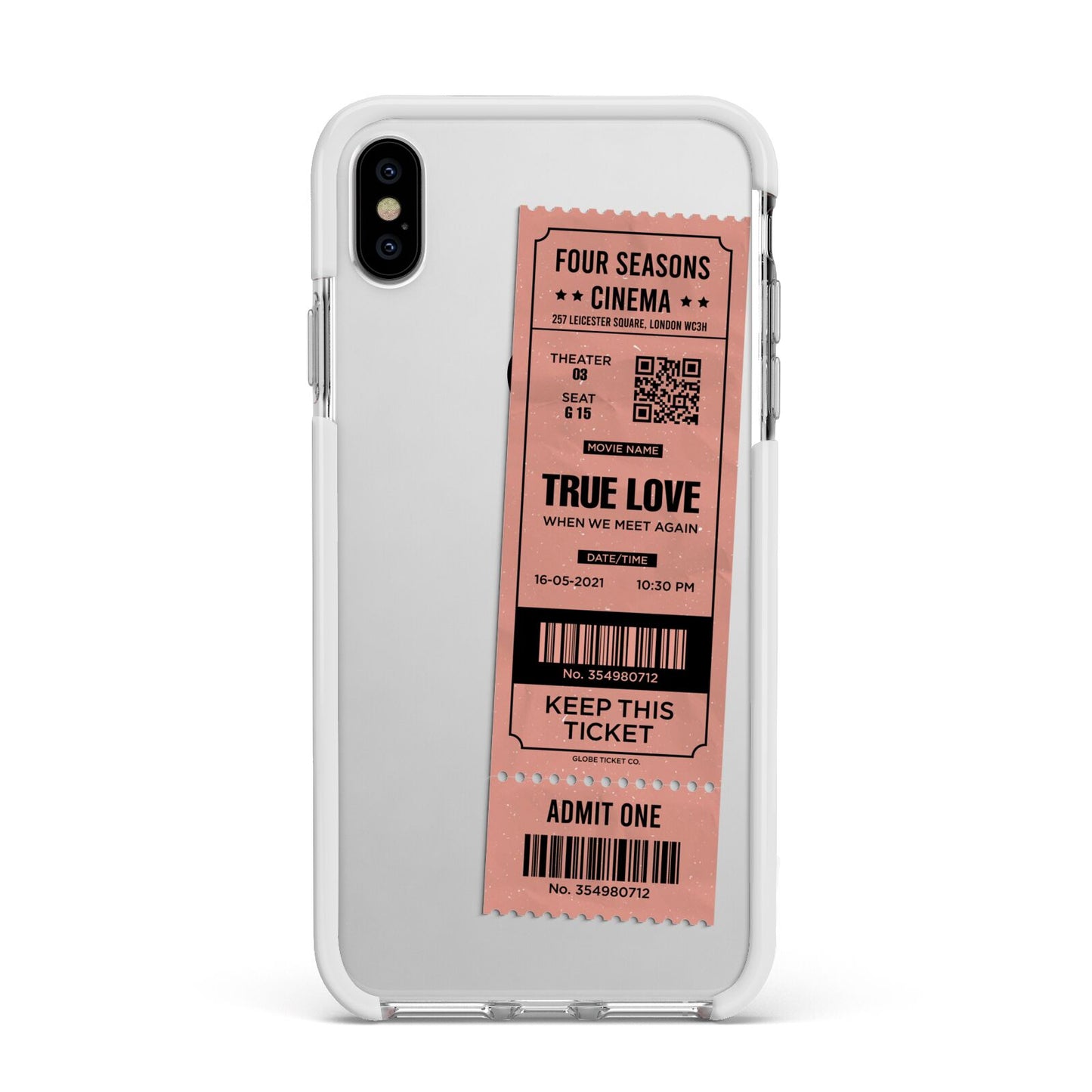 Personalised Cinema Ticket Apple iPhone Xs Max Impact Case White Edge on Silver Phone