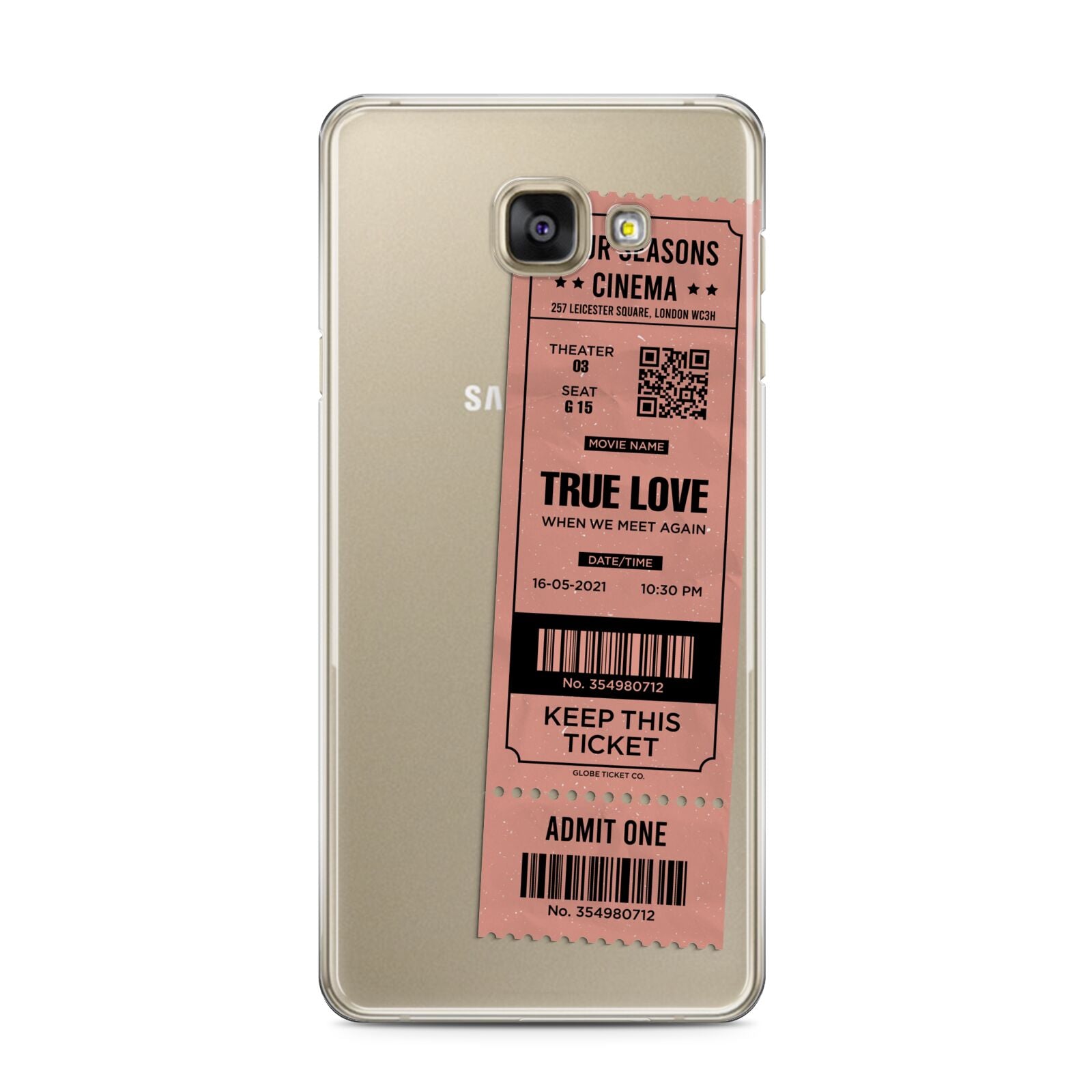 Personalised Cinema Ticket Samsung Galaxy A3 2016 Case on gold phone