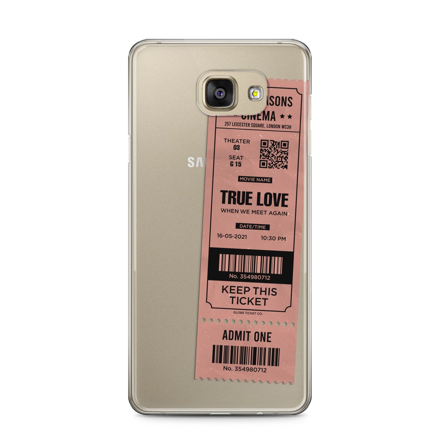 Personalised Cinema Ticket Samsung Galaxy A5 2016 Case on gold phone