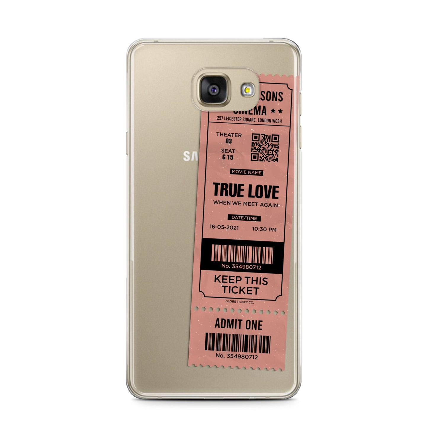 Personalised Cinema Ticket Samsung Galaxy A7 2016 Case on gold phone