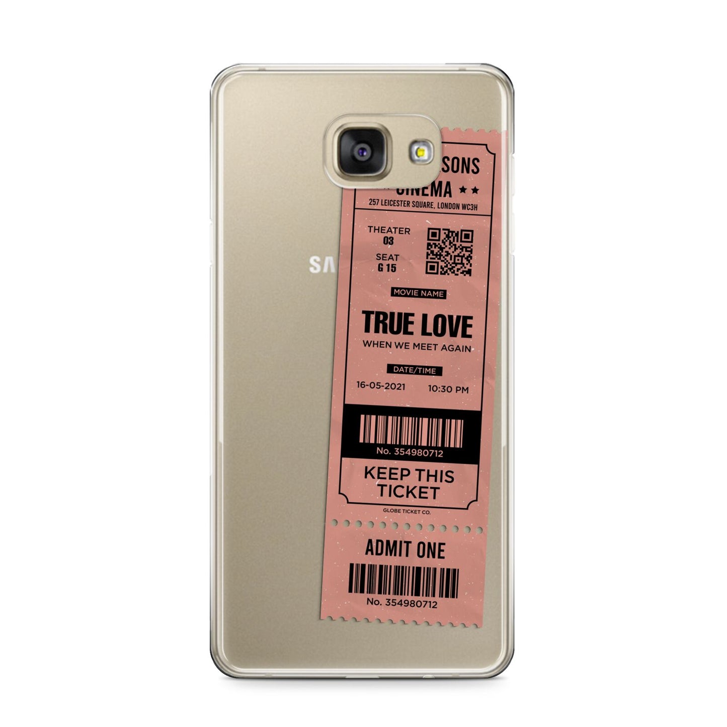 Personalised Cinema Ticket Samsung Galaxy A9 2016 Case on gold phone