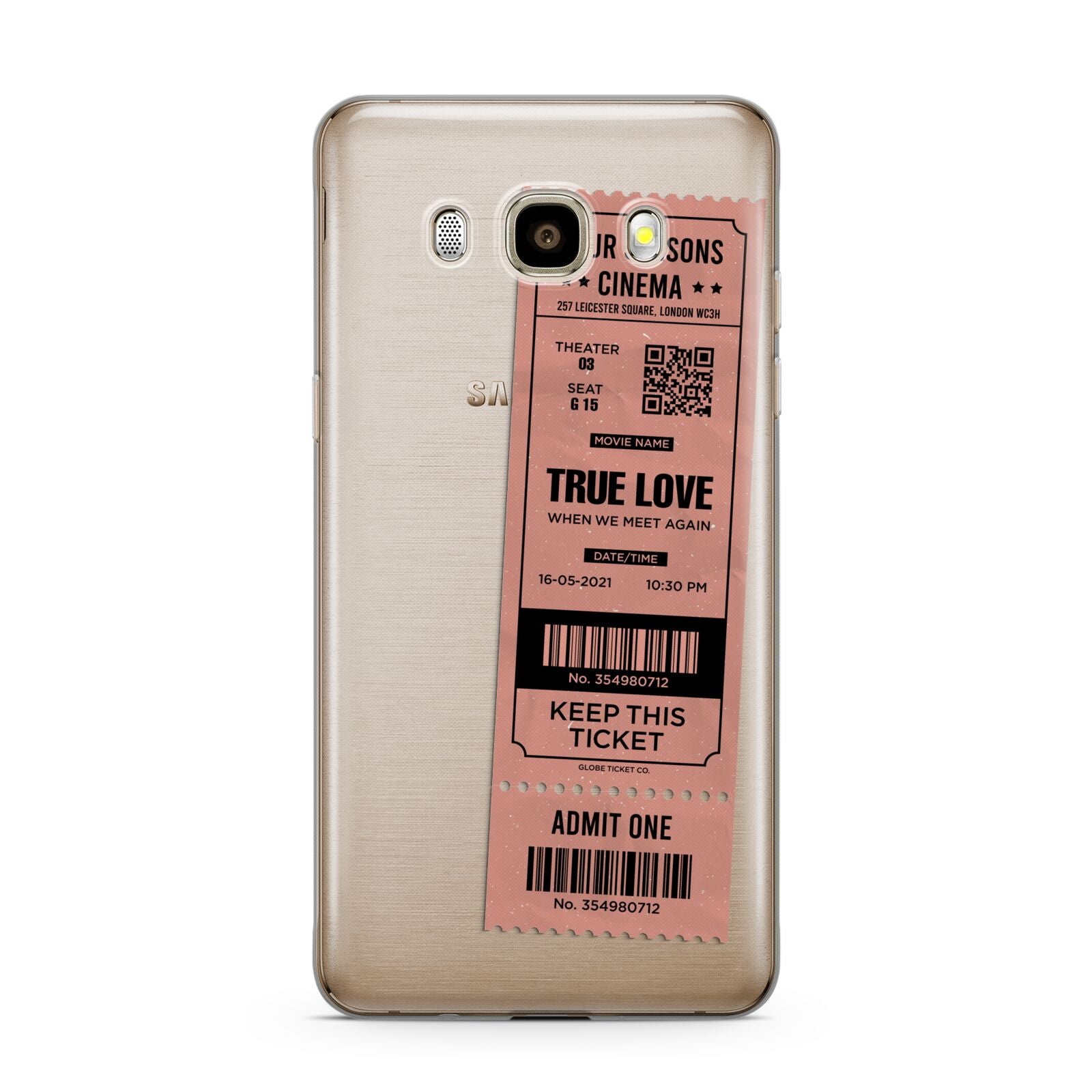 Personalised Cinema Ticket Samsung Galaxy J7 2016 Case on gold phone