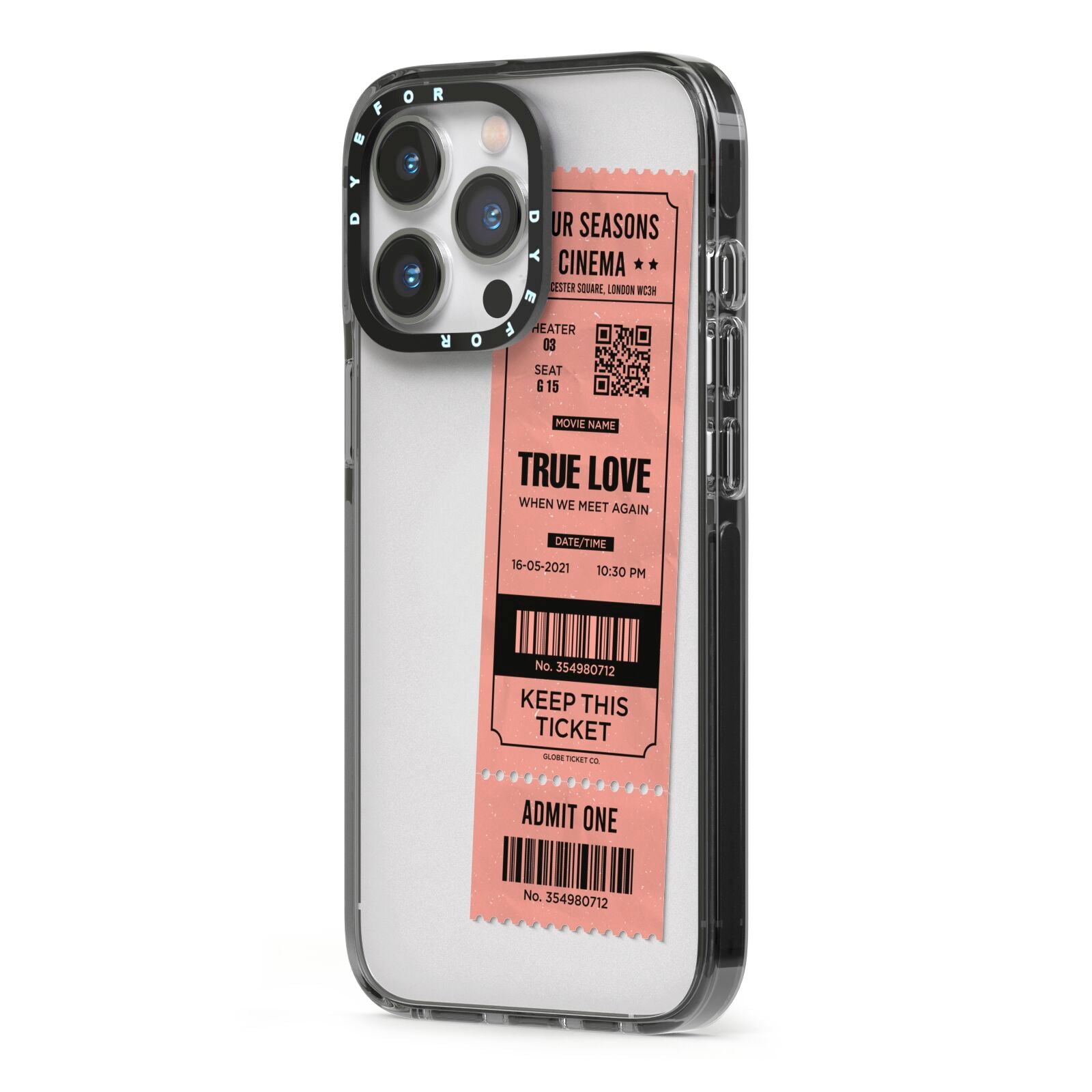 Personalised Cinema Ticket iPhone 13 Pro Black Impact Case Side Angle on Silver phone