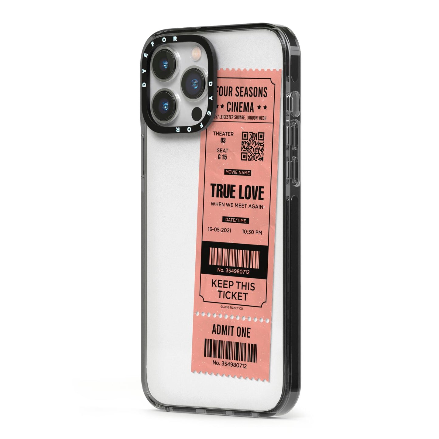 Personalised Cinema Ticket iPhone 13 Pro Max Black Impact Case Side Angle on Silver phone