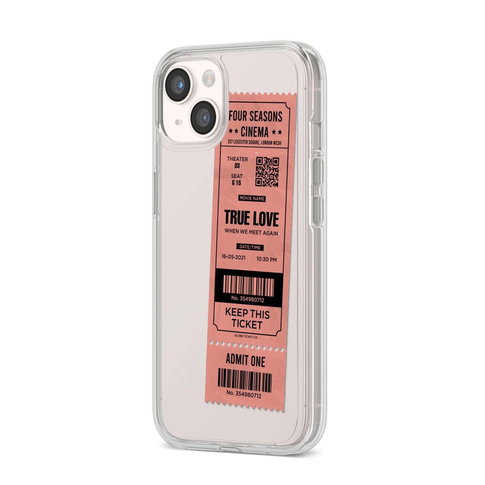 Personalised Cinema Ticket iPhone 14 Clear Tough Case Starlight Angled Image