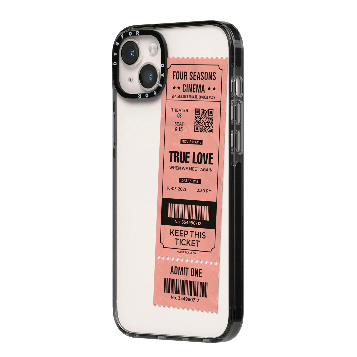 Personalised Cinema Ticket iPhone 14 Plus Black Impact Case Side Angle on Silver phone