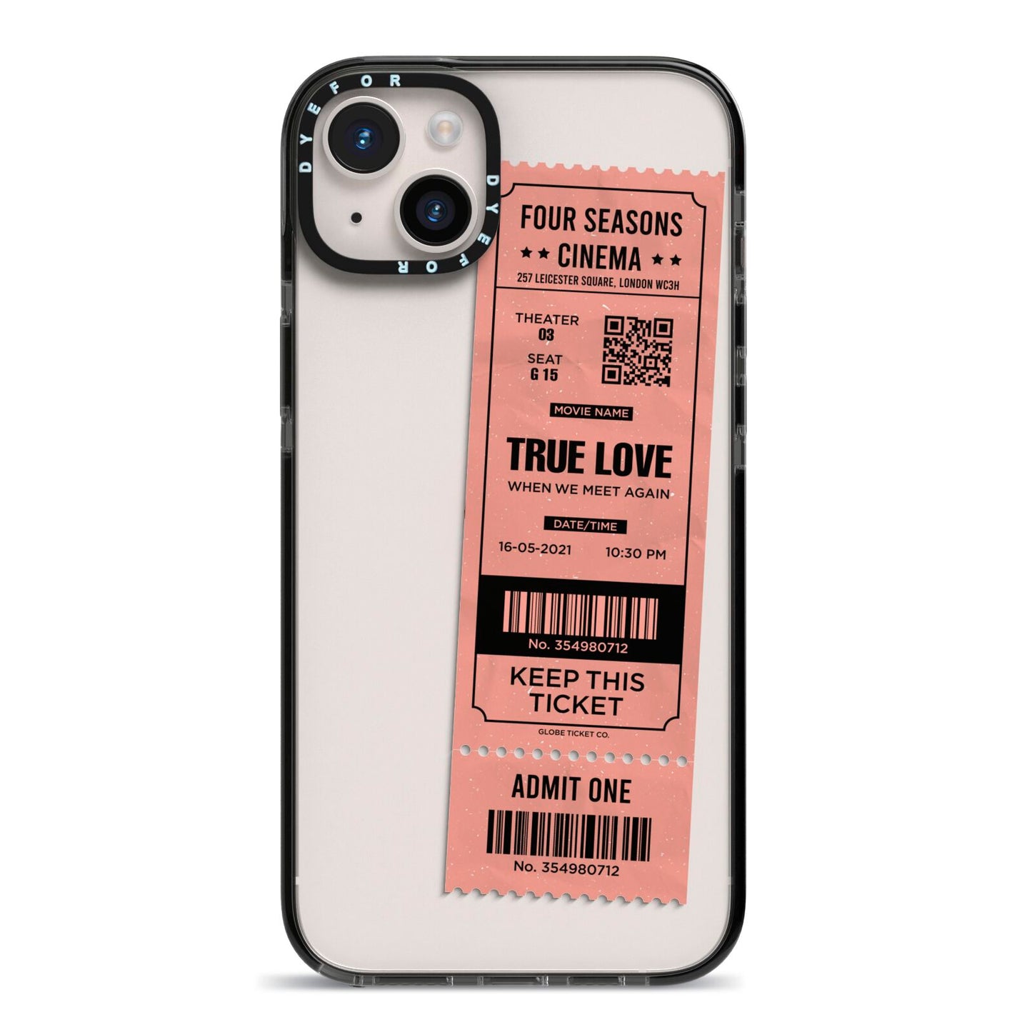 Personalised Cinema Ticket iPhone 14 Plus Black Impact Case on Silver phone