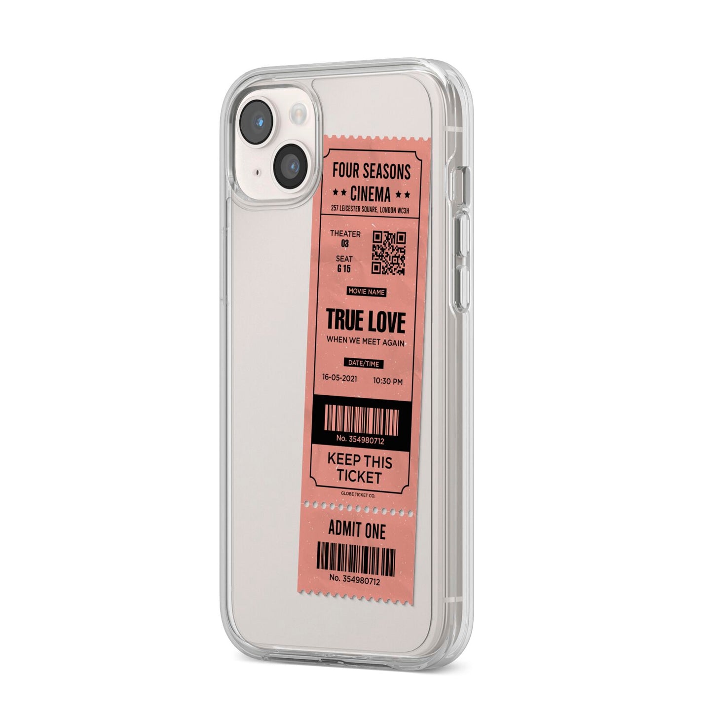 Personalised Cinema Ticket iPhone 14 Plus Clear Tough Case Starlight Angled Image