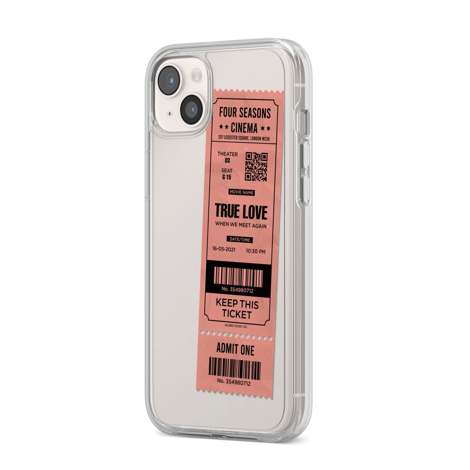 Personalised Cinema Ticket iPhone 14 Plus Clear Tough Case Starlight Angled Image