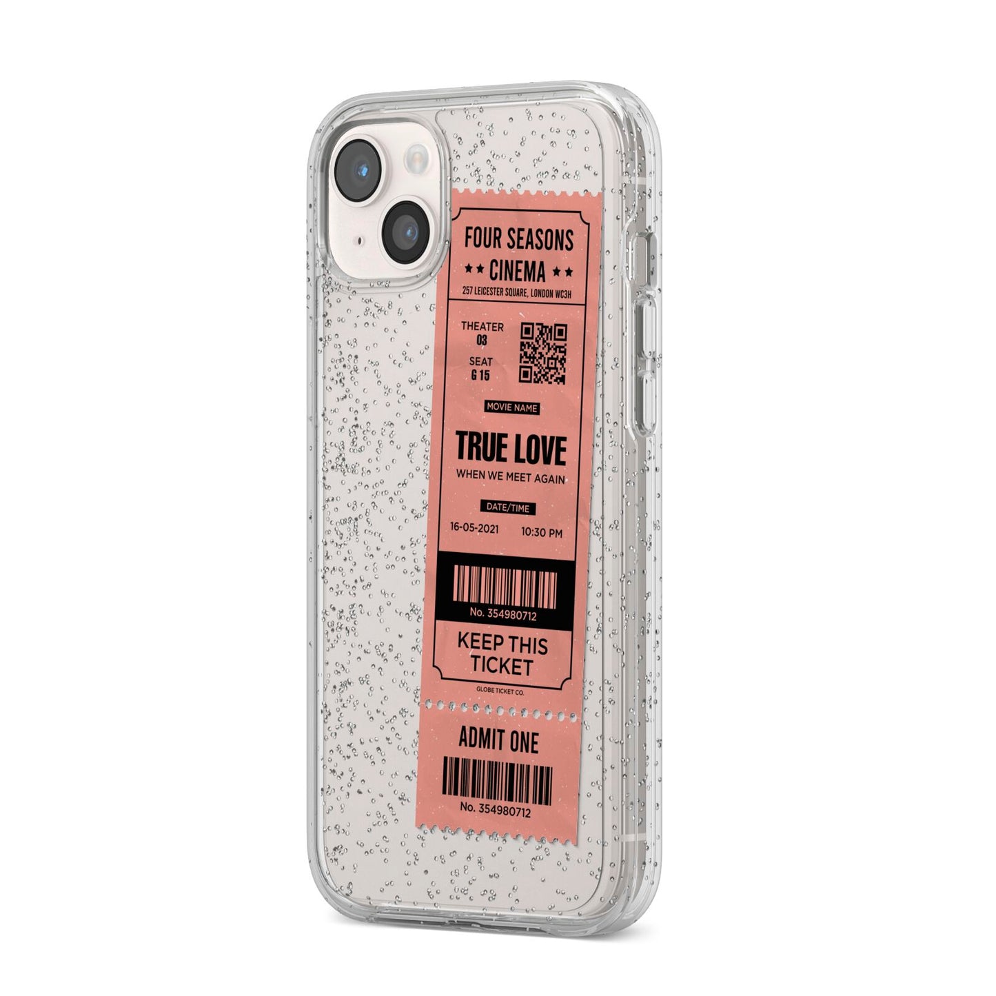 Personalised Cinema Ticket iPhone 14 Plus Glitter Tough Case Starlight Angled Image