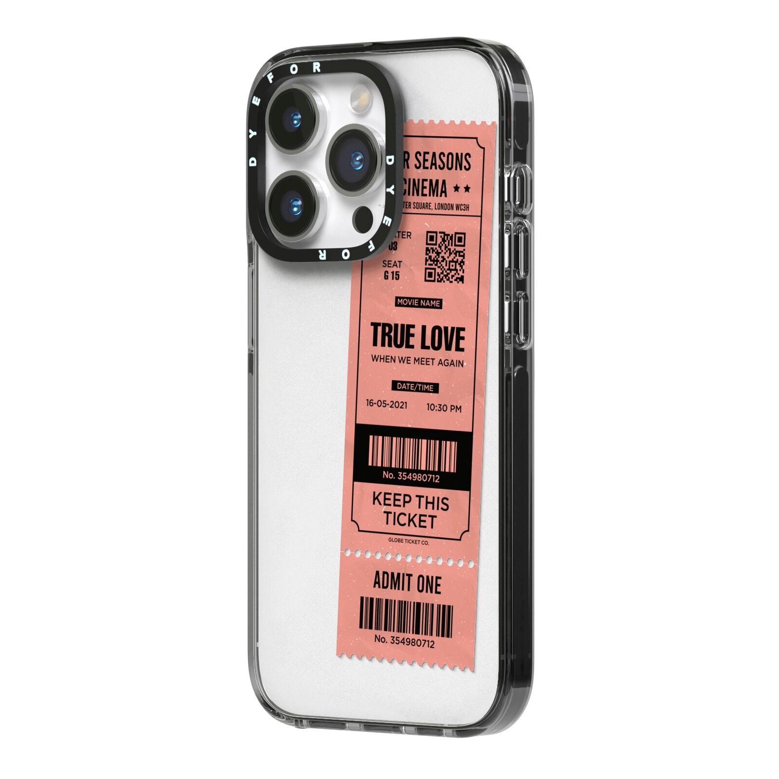 Personalised Cinema Ticket iPhone 14 Pro Black Impact Case Side Angle on Silver phone