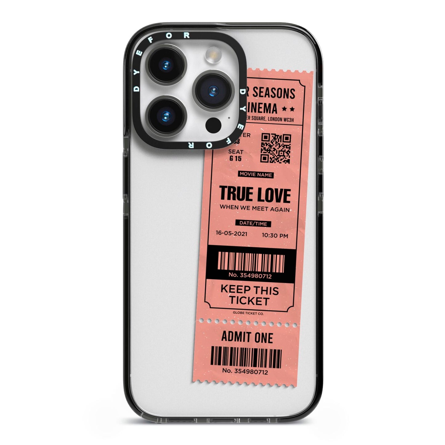 Personalised Cinema Ticket iPhone 14 Pro Black Impact Case on Silver phone